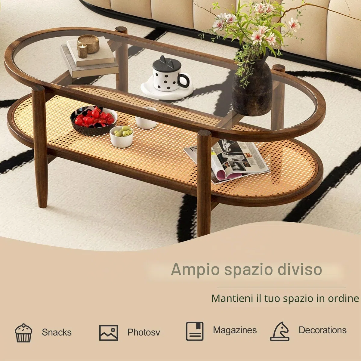 LIFEZEAL Tavolino Salotto, in Legno Massello e Vetro, Tavolino da Caffè, da Soggiorno, Moderno, Basso, Ovale, a 2 Ripiani, con Decorazione in Rattan, Max 90 kg, 102x46x47 cm, Marrone Rustico