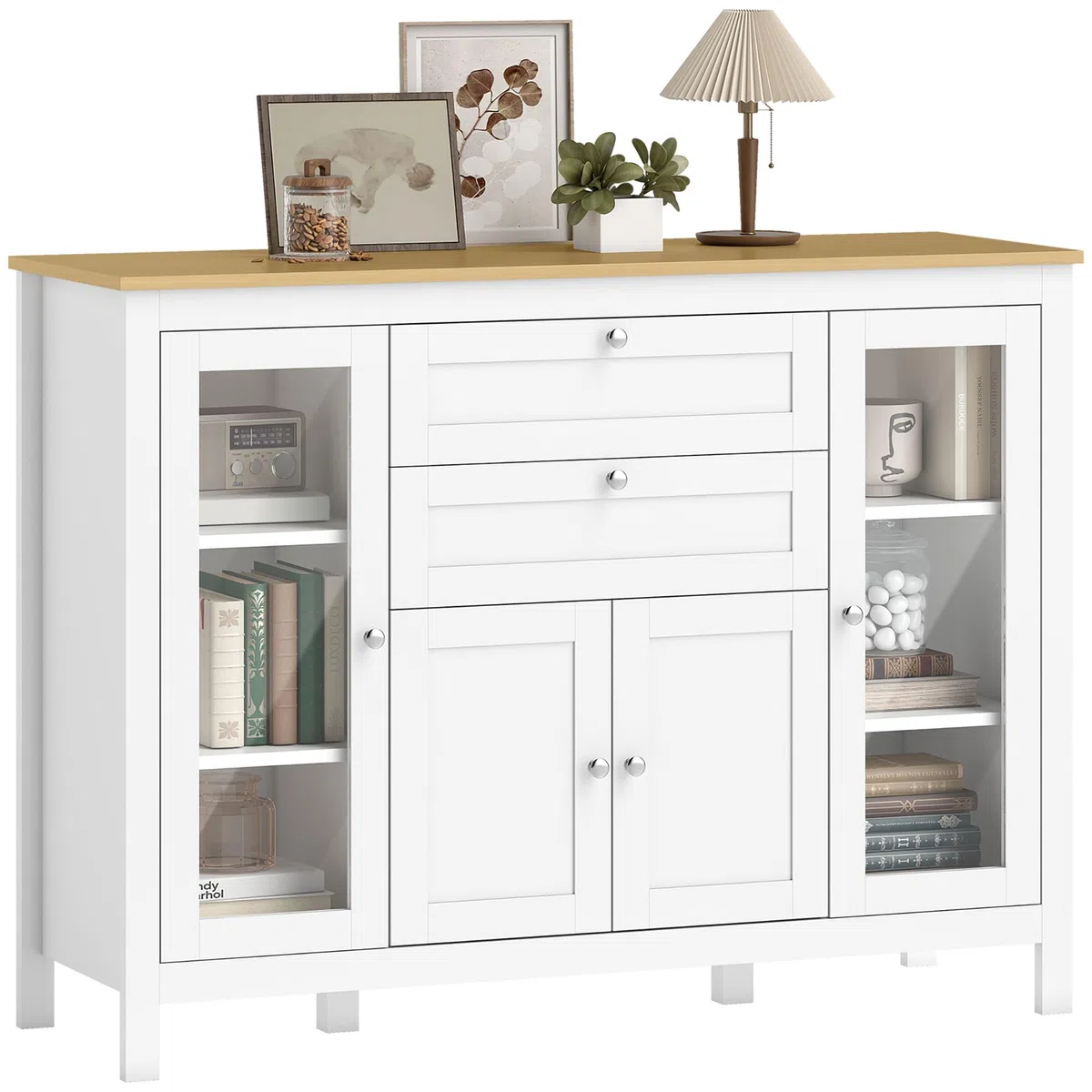 HOMCOM Credenza Cucina, Mobile Cucina con 2 Cassetti, 3 Armadietti, Piano d'Appoggio in Caucciù, Credenza Buffet con Ante a Vetro, Ripiani Regolabili, per Soggiorno Sala da Pranzo, 120x40x90cm, Bianco