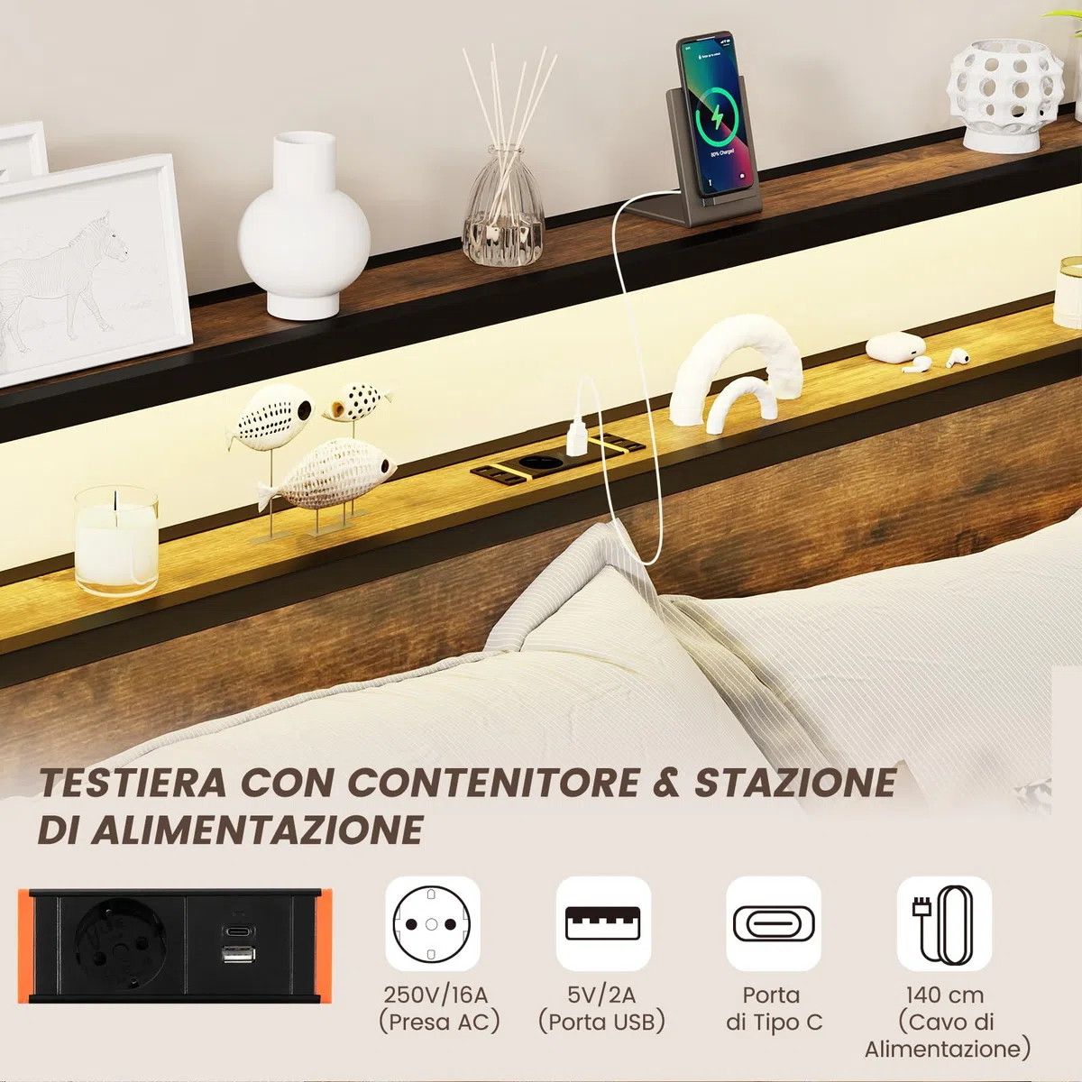 COSTWAY Letto Matrimoniale 160x200 cm, con 4 Cassetti e Testiera, Struttura Letto con Luci LED Regolabile e Presa Multipla, Carico Massimo 300kg, Silenzioso