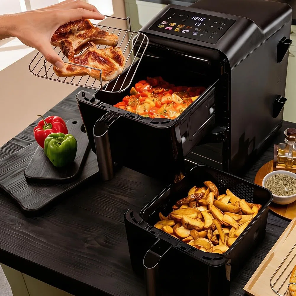 Cecotec Friggitrice ad Aria Verticale 12L Cecofry DuoLevel 12000 Window. 2900W, 2 Cestelli 6L, Finestra, Sync, 10 Menù, Temp Dual per Grandi Quantità, Cucina Veloce e Sana con Davvero Molto Poco Olio