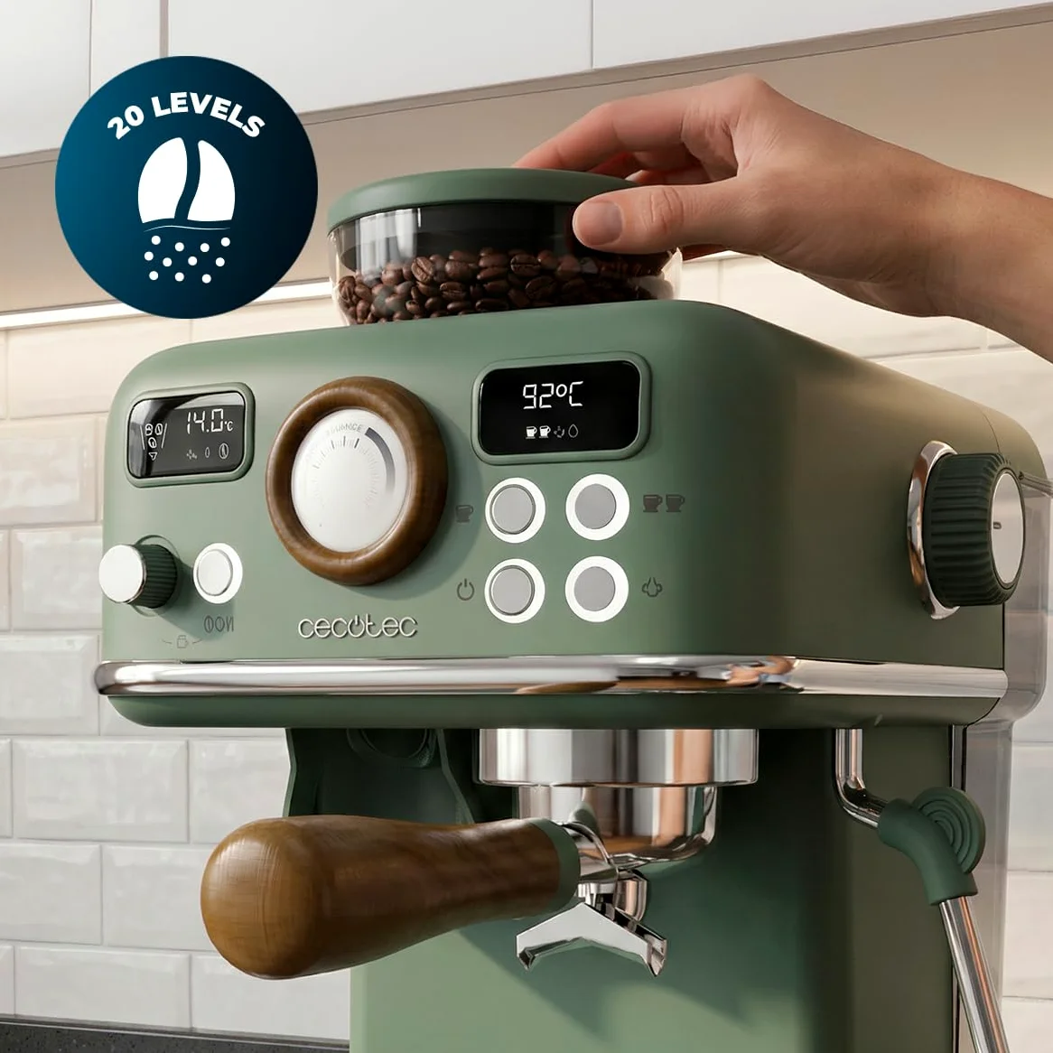 Cecotec Macchina per Caffè Espresso Power Espresso 20 Tradizionale Grind. 1500W, Macinacaffè 20 Livelli, 20 Bar, PID, Thermoblock, Steamer, Cold Brew, Caffè Macinato Fresco con Sempre Crema Perfetta