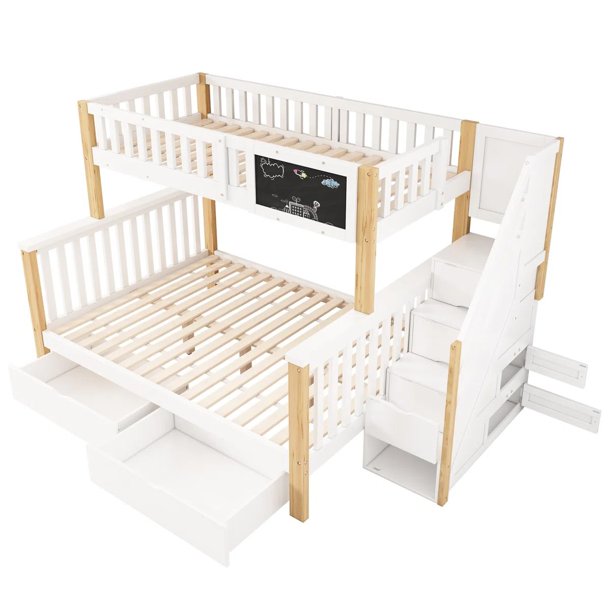 Moimhear Letto a castello per bambini, letto matrimoniale, 90 x 200 cm+140 x 200 cm, letto infantile multifunzionale, con lavagna e cassetti, senza materasso (colore bianco e legno)