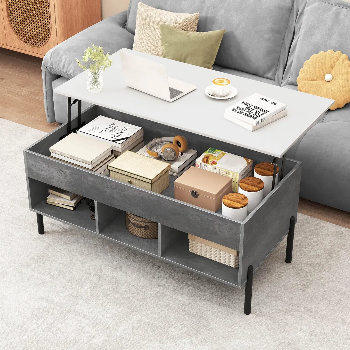 COSTWAY Tavolino da Caffè Sollevabile, Tavolo da Salotto con Piano Sollevabile, Ampio Comparto Nascosto, 3 Scomparti Aperti e Gambe in Metallo, Ideale per Salotto e Ufficio (Grigio)