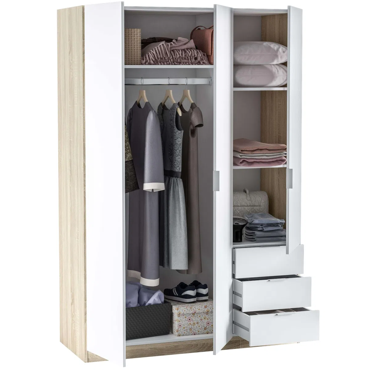 Armadio con tre ante e tre cassetti, finitura rovere canadese/bianco, dimensioni 121 cm (L) x 180 cm (A) x 52 cm (P)