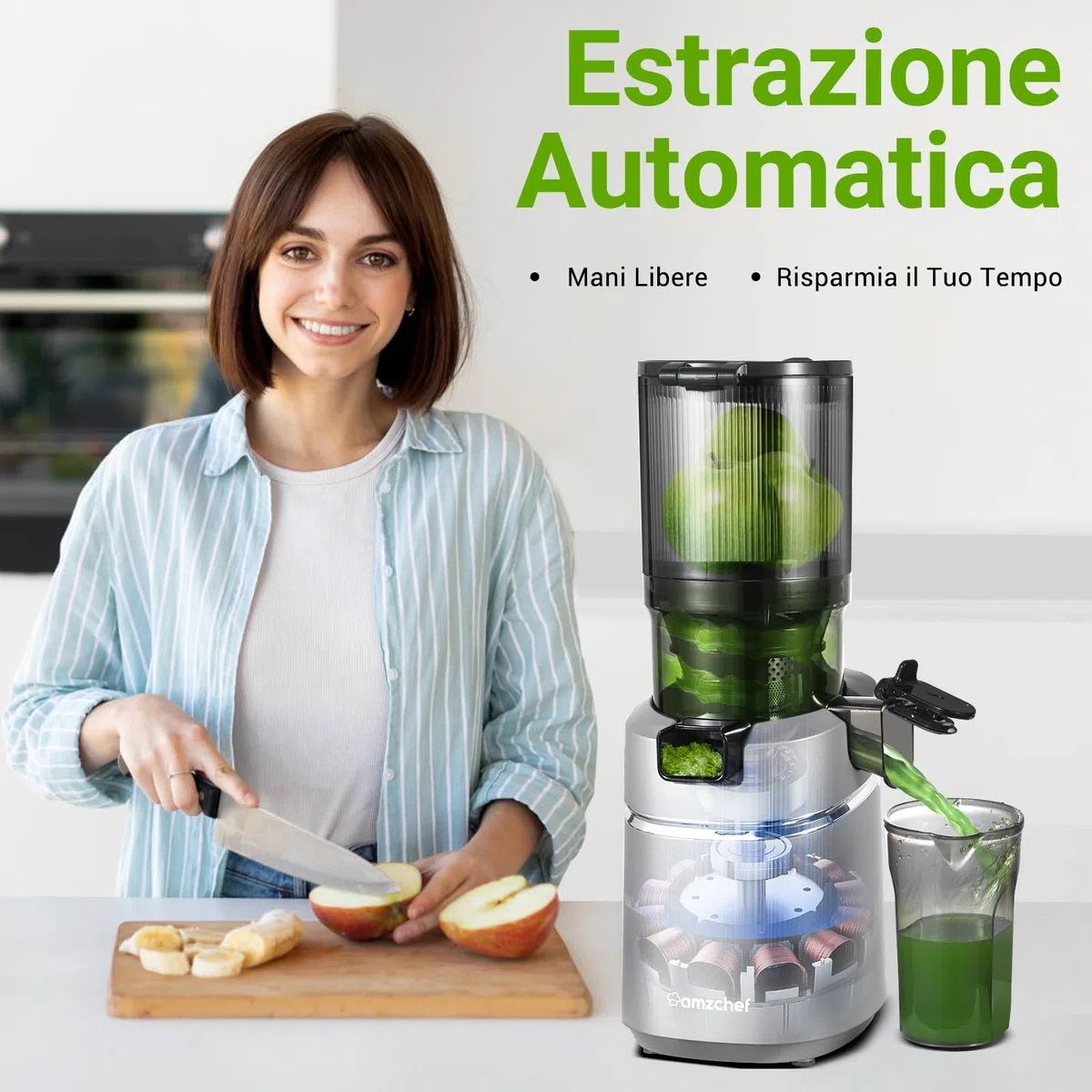 AMZCHEF Estrattore Automatico, Apertura 135MM e Capacità 1,8L Estrattore Frutta e Verdura Intera, 250W Estrattori di Succhi Professionale con Triplo Filtro - Argento