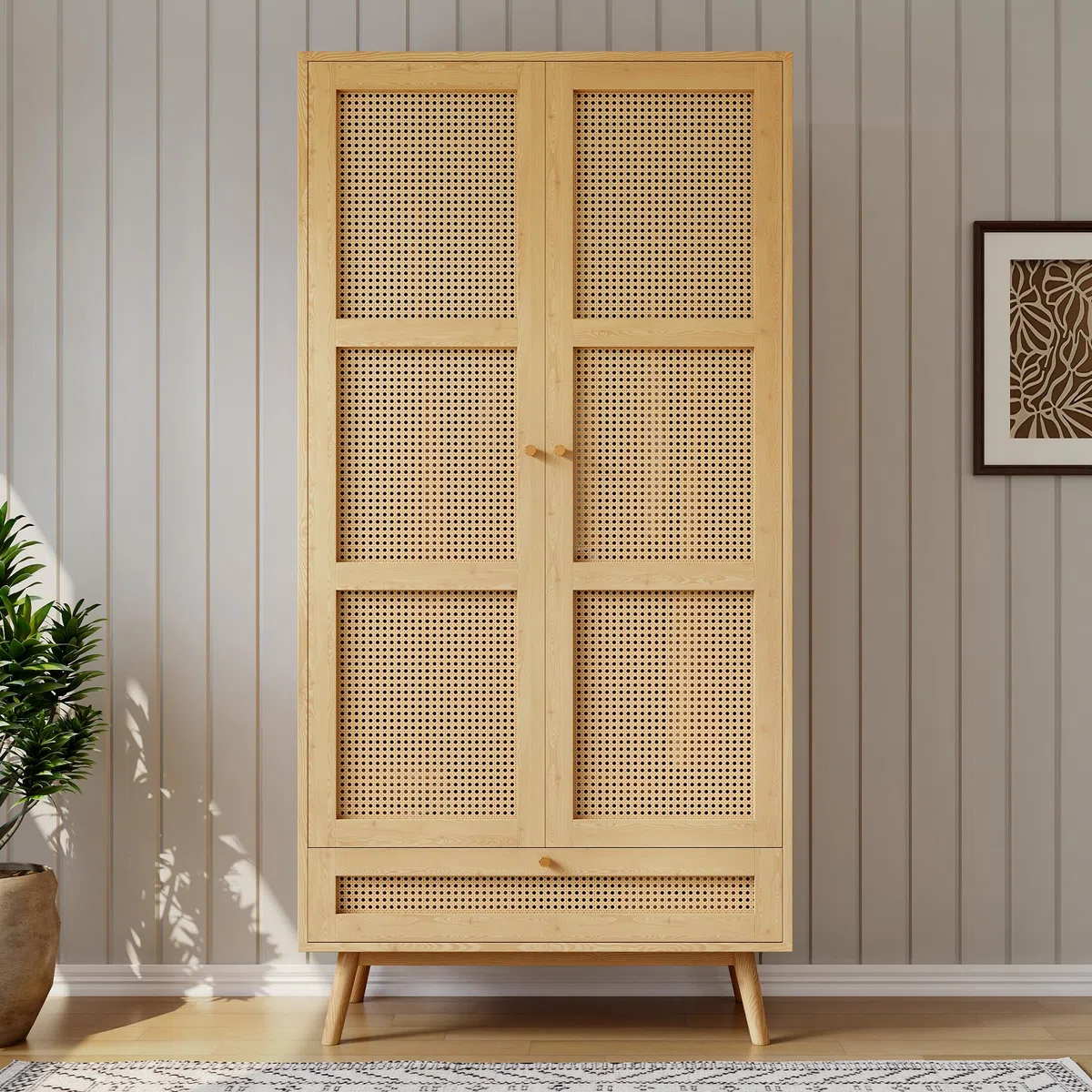 Armadio con asta, armadio a 2 ante, camera da letto, rete in rattan, soggiorno, con coperchio inferiore a ribalta, truciolato+rattan PE, naturale