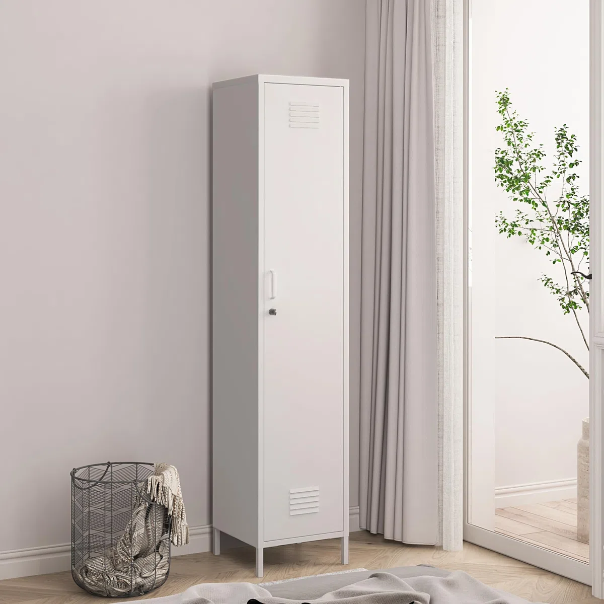 [en.casa] Armadio da Ufficio con Anta e Serratura Ripiani ad Altezza Regolabile Mobile in Acciaio da Spogliatoio con 3 Scomparti e Barra Porta Abiti 180 x 38 x 38 cm - Bianco