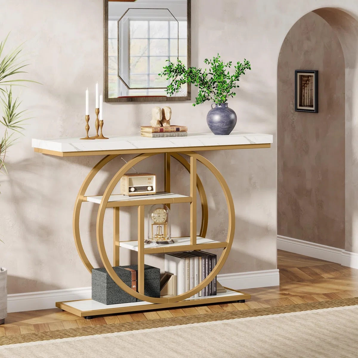 Tribesigns Tavolo consolle da 104,1 cm, tavolo industriale a 4 livelli con base circolare, tavoli decorativi in legno stretto con ripiani portaoggetti per soggiorno, corridoio, ingresso