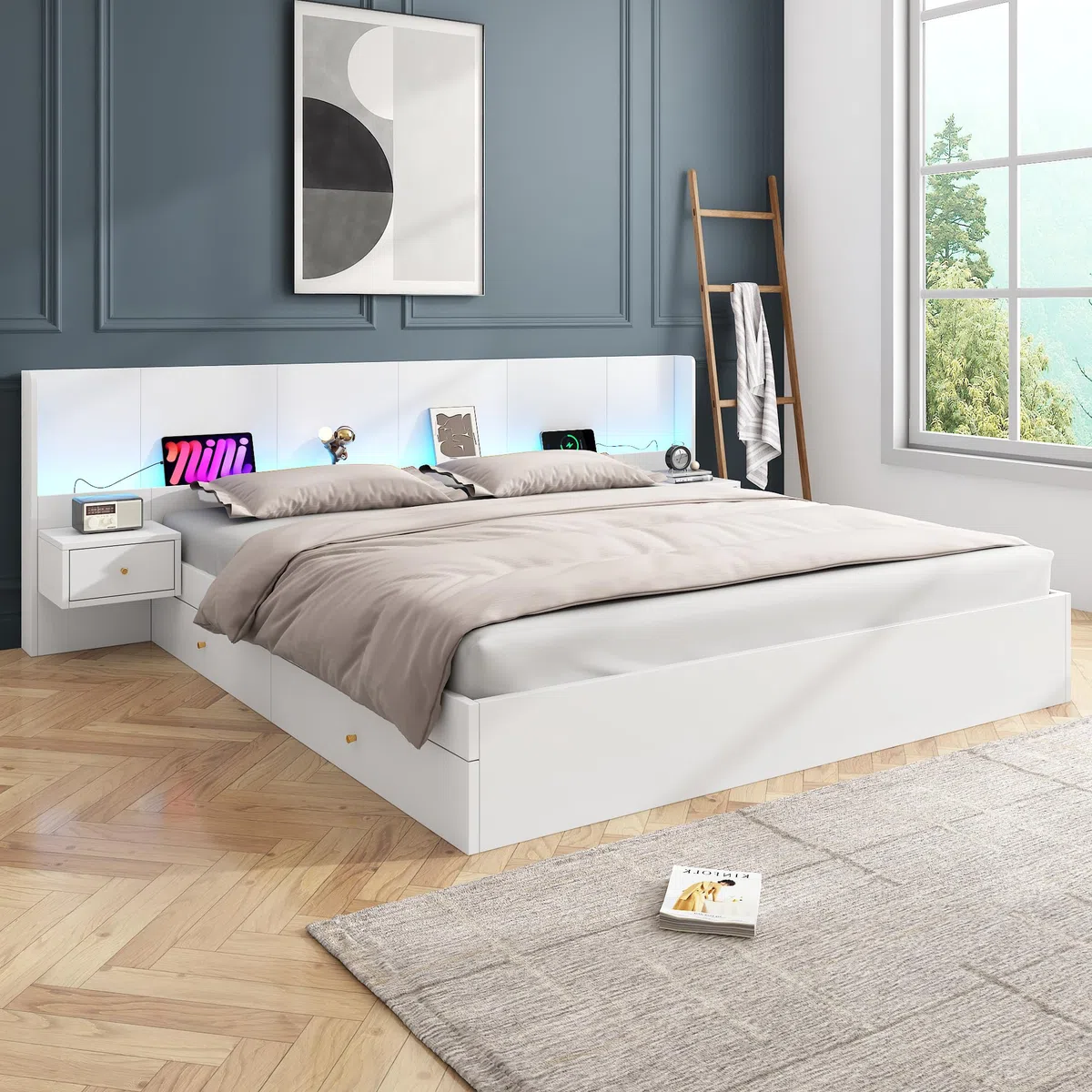 Letto 180x200 con contenitore, letto in legno con contenitore con 2 cassetti, testiera con comodino, LE/D e US/B, letto matrimoniale moderno con rete a doghe, bianco