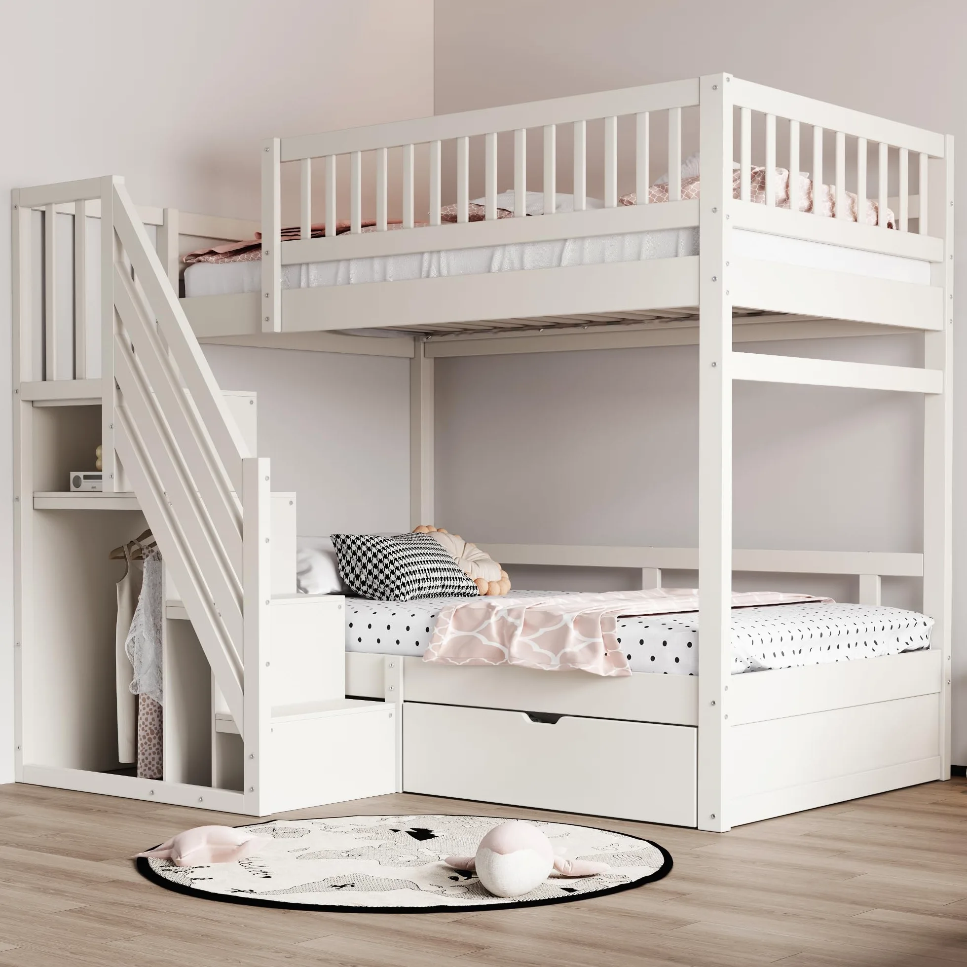 Letto a castello 90x200, letto per bambini con scala e armadio, letto a soppalco con cassetti, rete a doghe in legno, bianco, senza materasso
