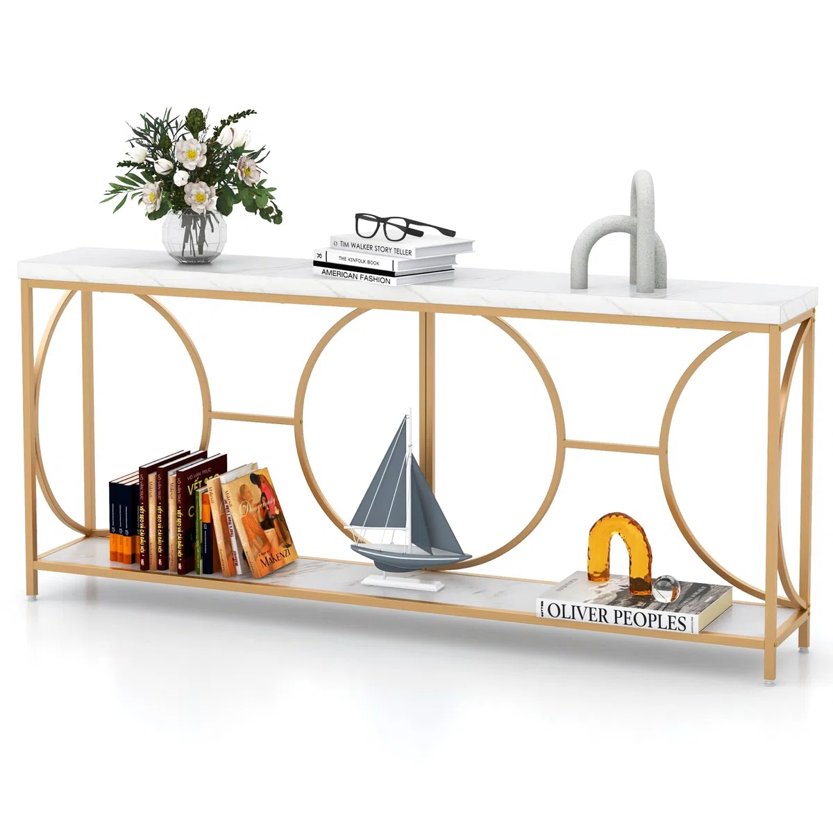 LIFEZEAL Consolle Ingresso Dorato, Lungo, 180x30x80cm, Tavolo Consolle a 2 Ripiani, con Effetto di Marmo, Moderno, Decorativo, Console Entrata, Corridoio, in Legno, Metallo, Max 50 kg, Oro e Bianco