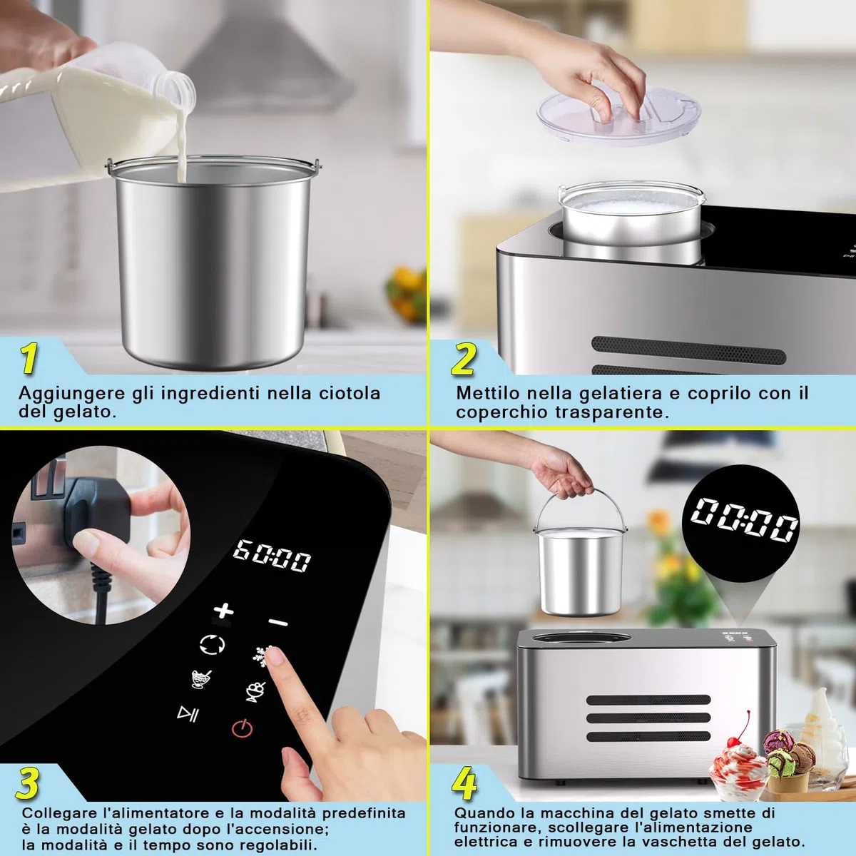 Vpcok Direct Gelatiera 2L con Compressore Macchina per Gelato 150 w Display LED Touch Timer regolabile Gelatiera Autorefrigerante Professionale Cestello Antiaderente per Creme Gelato