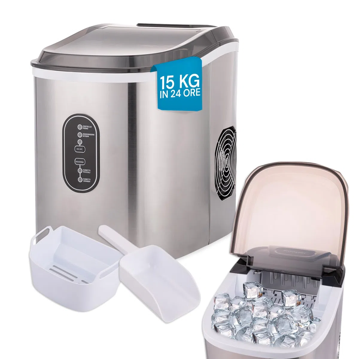 Wintem - Macchina Ghiaccio 15Kg/24h 105W in Acciaio Inox con Cubetti in 2 Misure per Bevande e Cocktail, Uso Domestico e Professionale, Rapida Produzione in 6 Minuti, Bassa Rumorosità