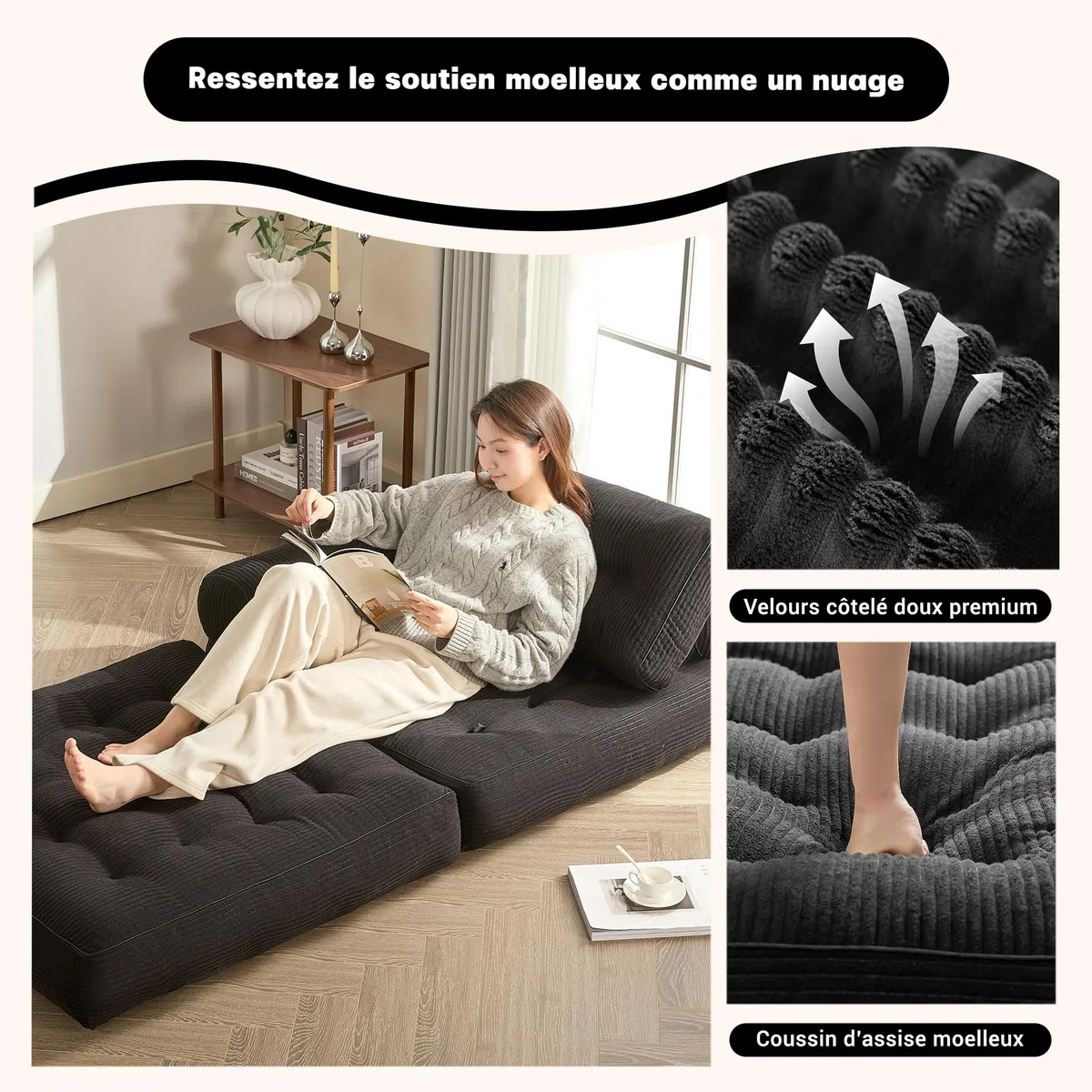 Divano letto pieghevole – Divano a sacco – Poltrona relax, divano gioco, divano letto e letto degli ospiti per piccoli spazi, poltrona per camera da letto e soggiorno (Nero, 89,9 cm)