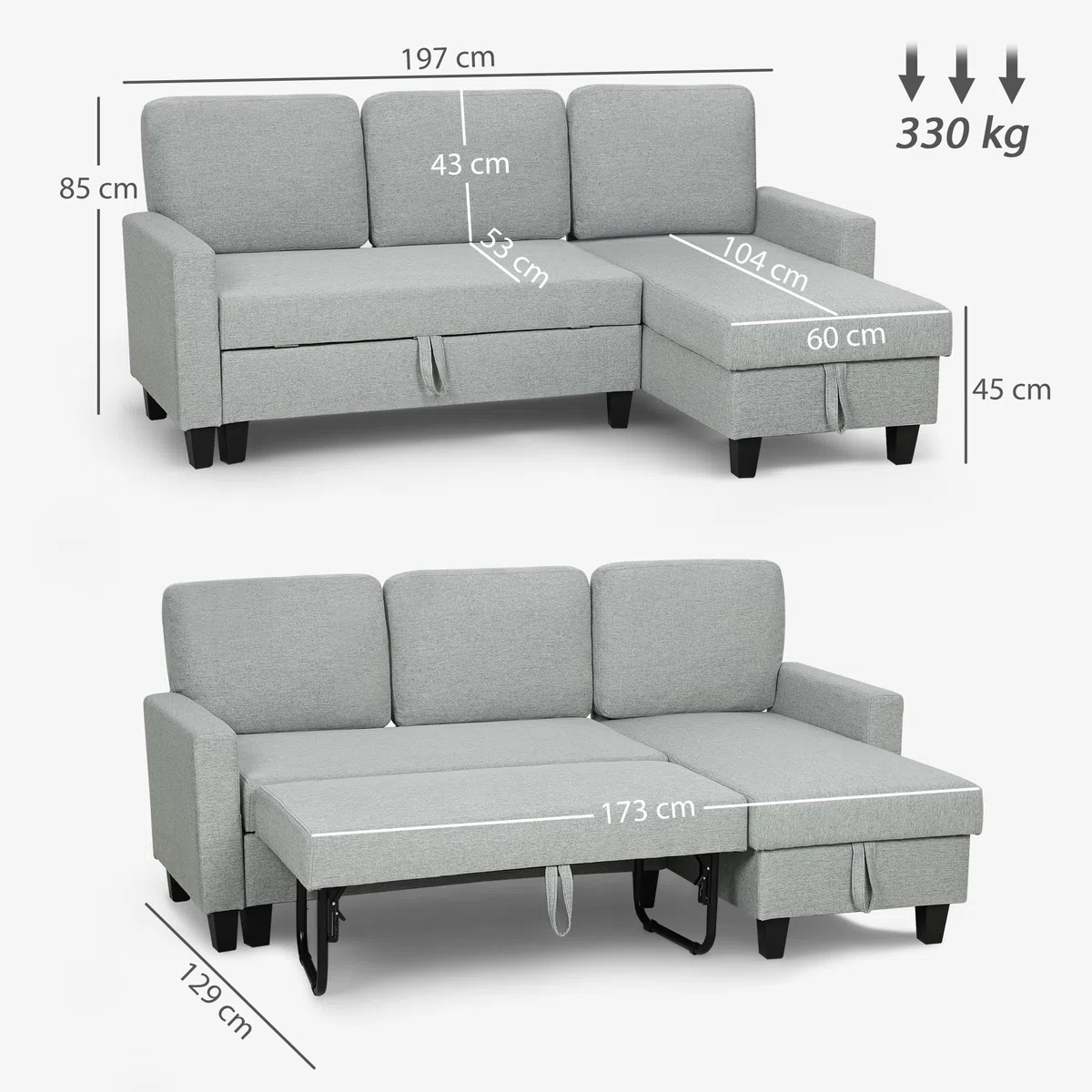 HOMCOM Divano Letto 3 Posti con Chaise Longue Convertibile, Divano Angolare con Vano Portaoggetti, Cuscini Sfoderabili in Tessuto Effetto Lino, per Soggiorno Salotto, 197x129x85 cm, Grigio Chiaro