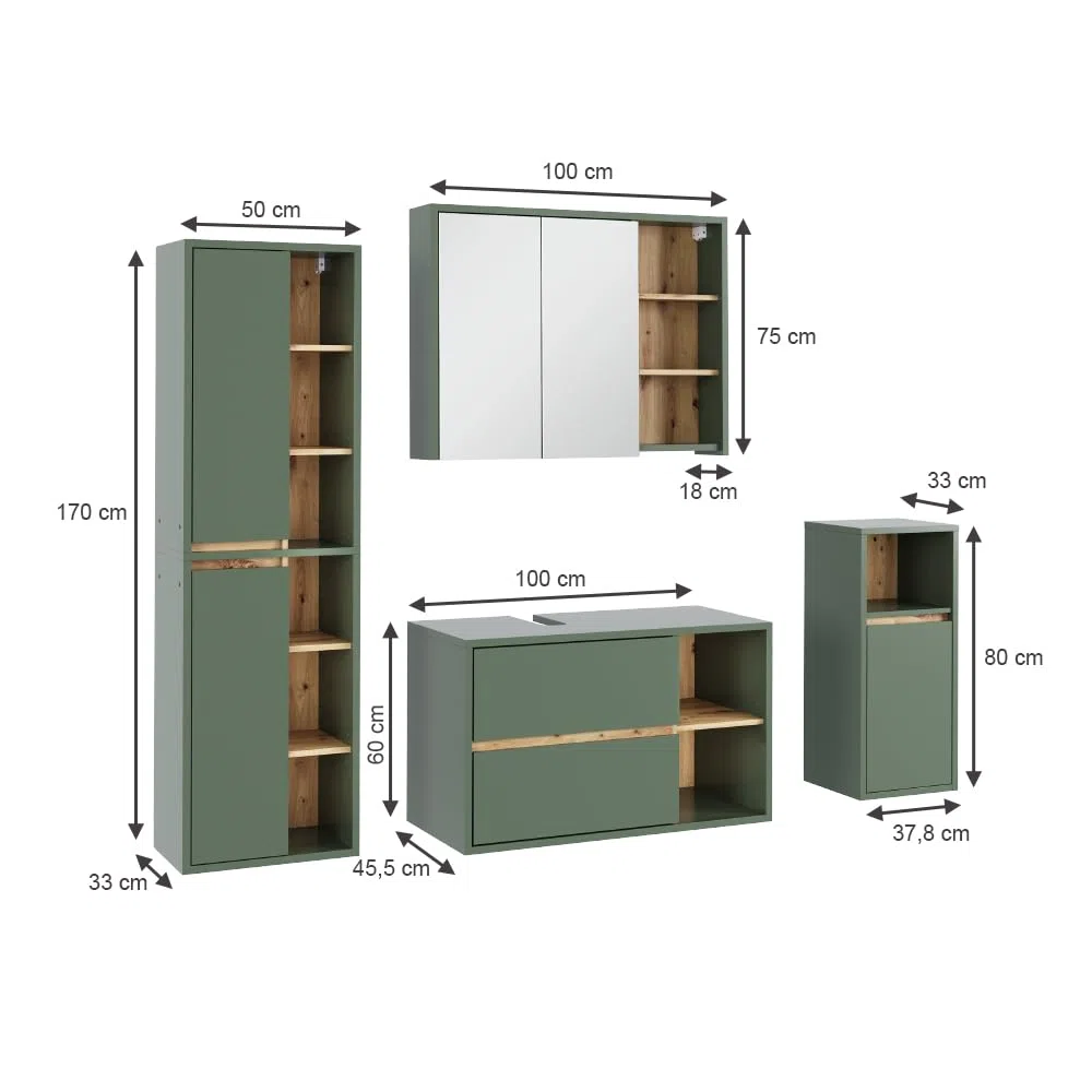 Vicco Set di mobili da bagno Viola, Verde/Artigianale, 100 cm, composto da mobile lavabo, pensile a specchio, colonna e base media