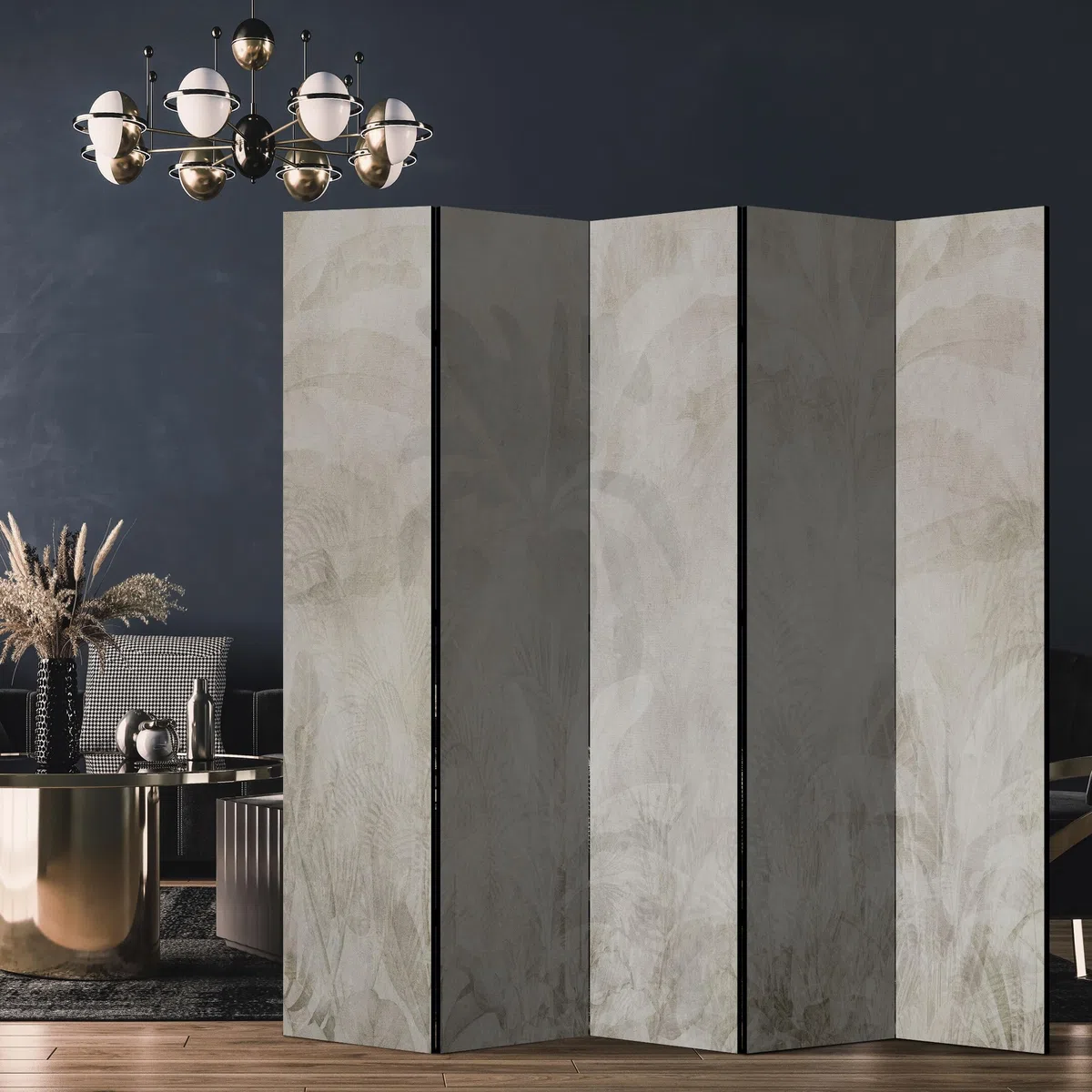 Separe Divisorio Interno Bifacciale - Paravento da Interno 5 Pannelli Divisorio per Ambienti - Divisori per Interni con Motivo Feuilles - 225x172 cm