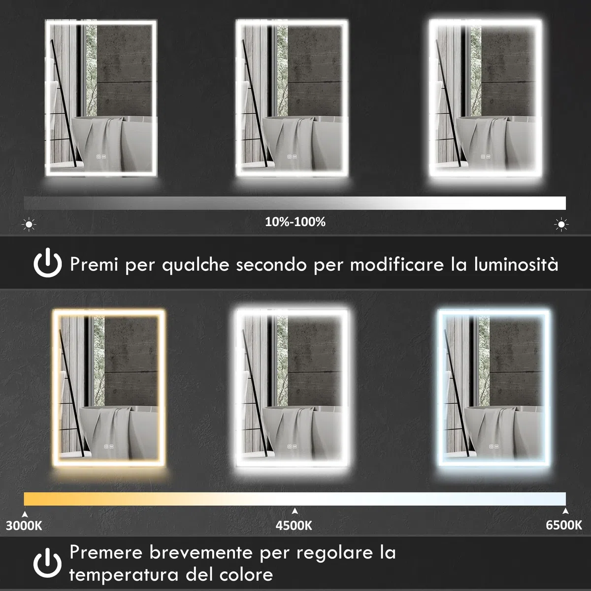 HOMCOM Armadietto a Specchio per Bagno con Luci LED e Presa per Rasoio, Armadietto a Parete con Specchio, Pad Anti-Appannamento, Dimmer, 3 Colori, Mobile da Bagno, Nero