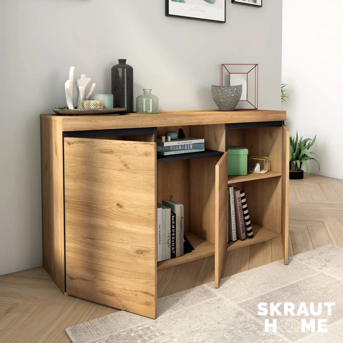 Skraut Home - Madia - Modello Naturale - 140 x 40 x 81 cm - Mobile Ingresso con 3 Ante - Stile Nordico - Melaminico - Rovere e Nero
