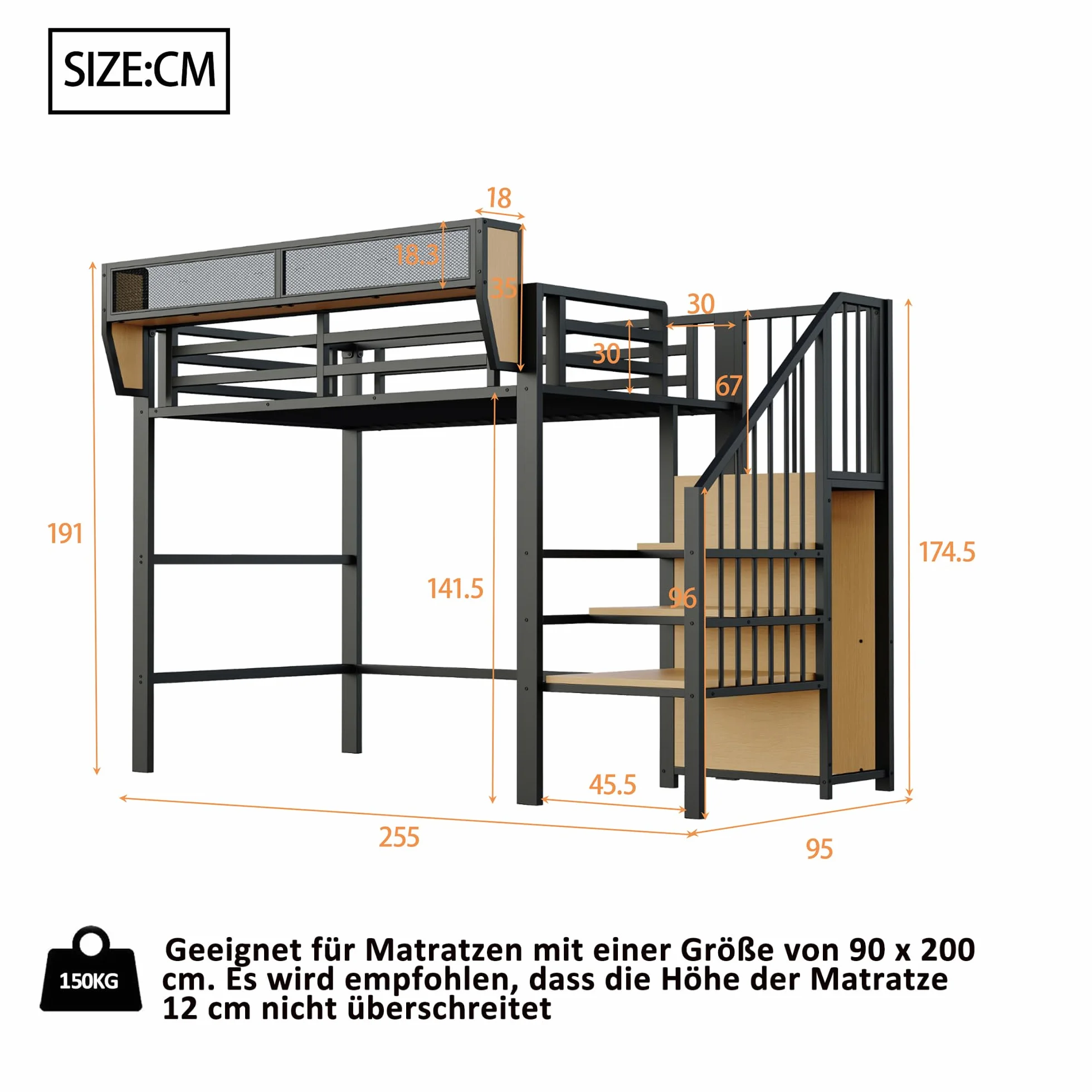Moimhear Letto a soppalco, con scala di sicurezza e vano flessibile, letto in metallo per adulti e bambini (Nero, 90x200cm)