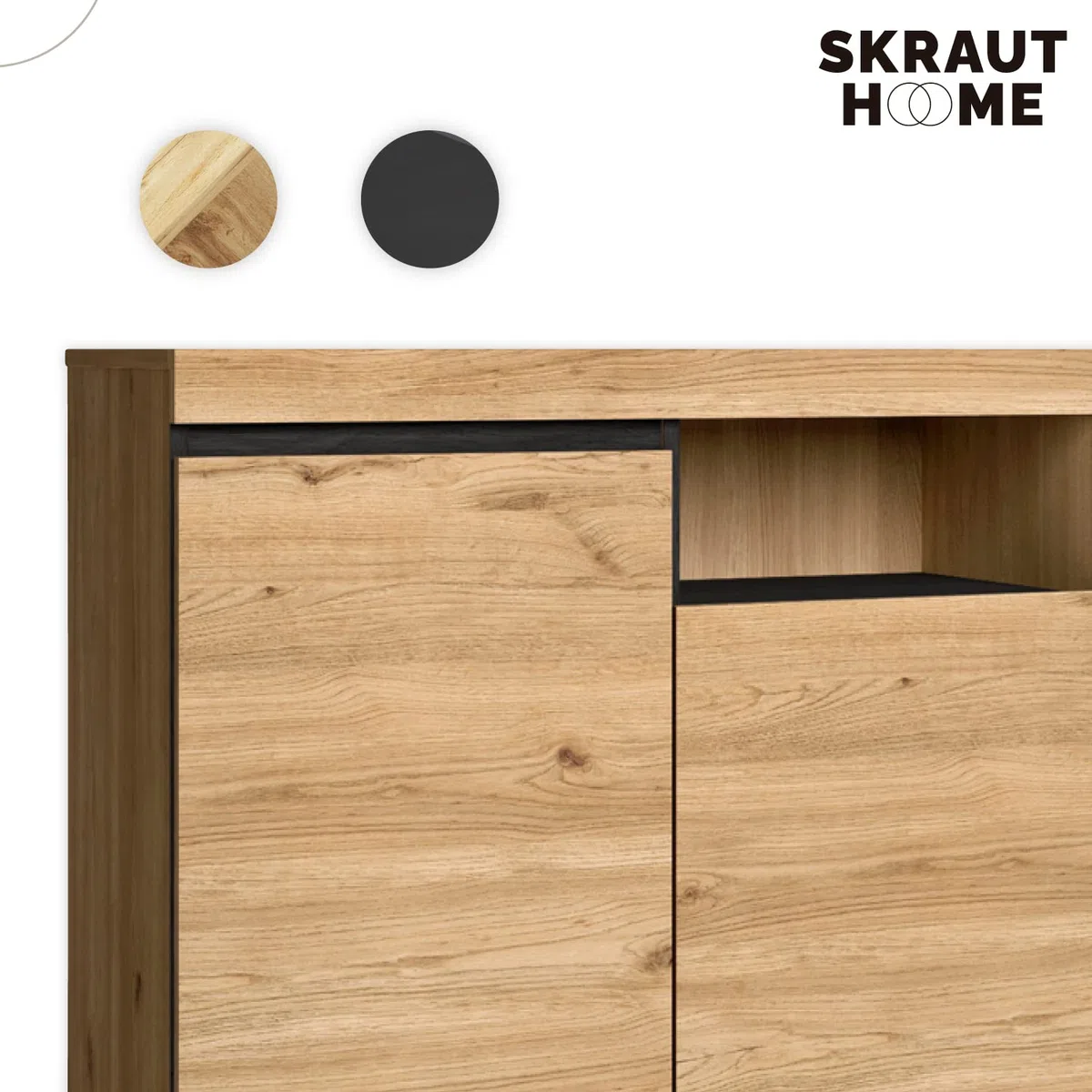 Skraut Home - Madia - Modello Naturale - 140 x 40 x 81 cm - Mobile Ingresso con 3 Ante - Stile Nordico - Melaminico - Rovere e Nero