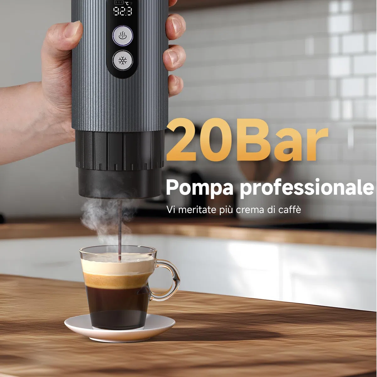 AMZCHEF Macchina Caffe Portatile 20 Bar – Ricaricabile USB-C, Compatibile con Capsule e Caffè Macinato – Macchina da caffè espresso elettrica portatile per Campeggio, Ufficio, Auto,Alluminio