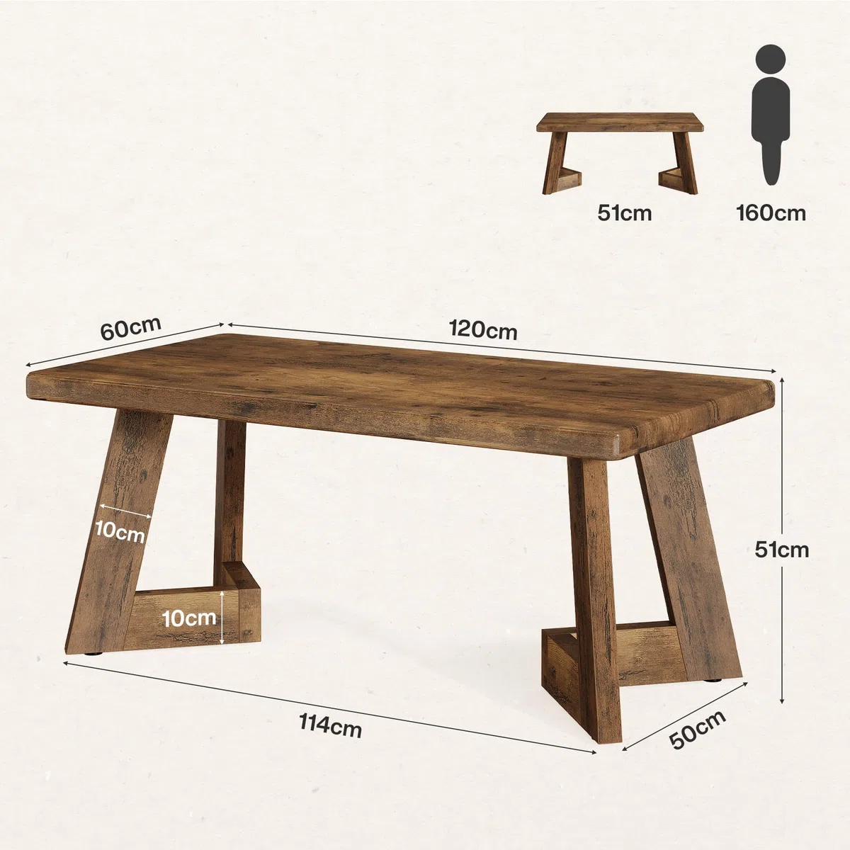 Tribesigns Tavolino da Salotto, Tavolino da Caffè in Stile Country con Gambe a V, 120 x 60 cm Tavolo da Divano Rettangolare per Soggiorno, Facile da Montare, Marrone Rustico