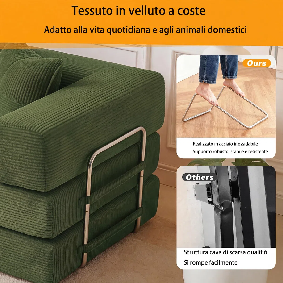 Vipbear Divano disossato, divano a 3 posti in velluto a coste 200 cm, letto pieghevole 5 in 1 convertibile con 2 cuscini in memory foam per camera da letto, verde | Cabrio