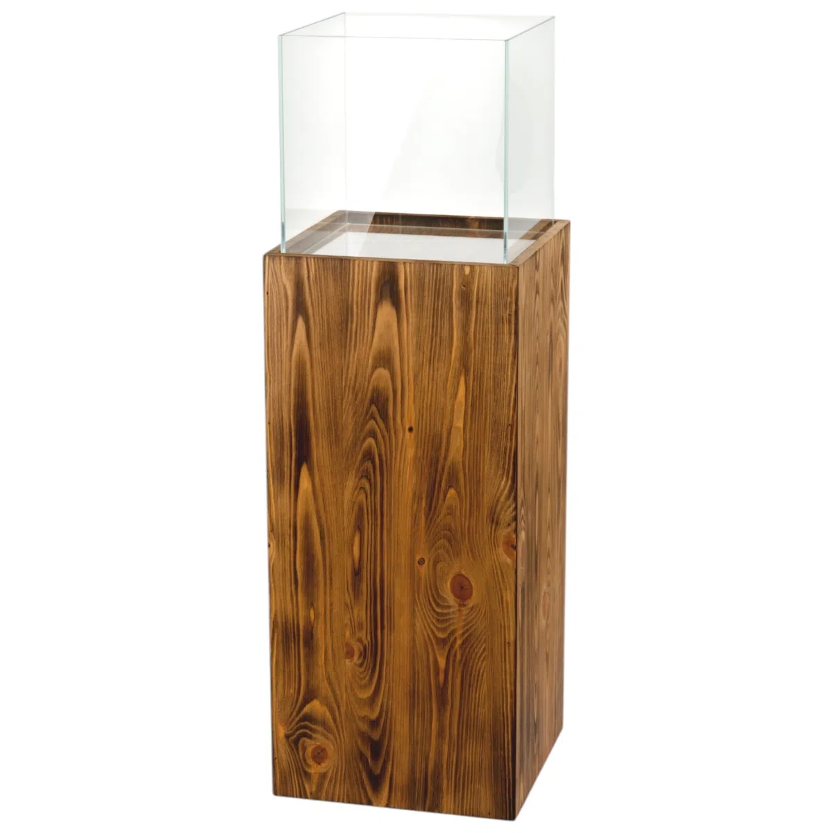 Colonna portacandela in legno e vetro, lanterna decorativa da pavimento, portacandela design per soggiorno, balcone e terrazza, finitura noce, altezza 80 cm