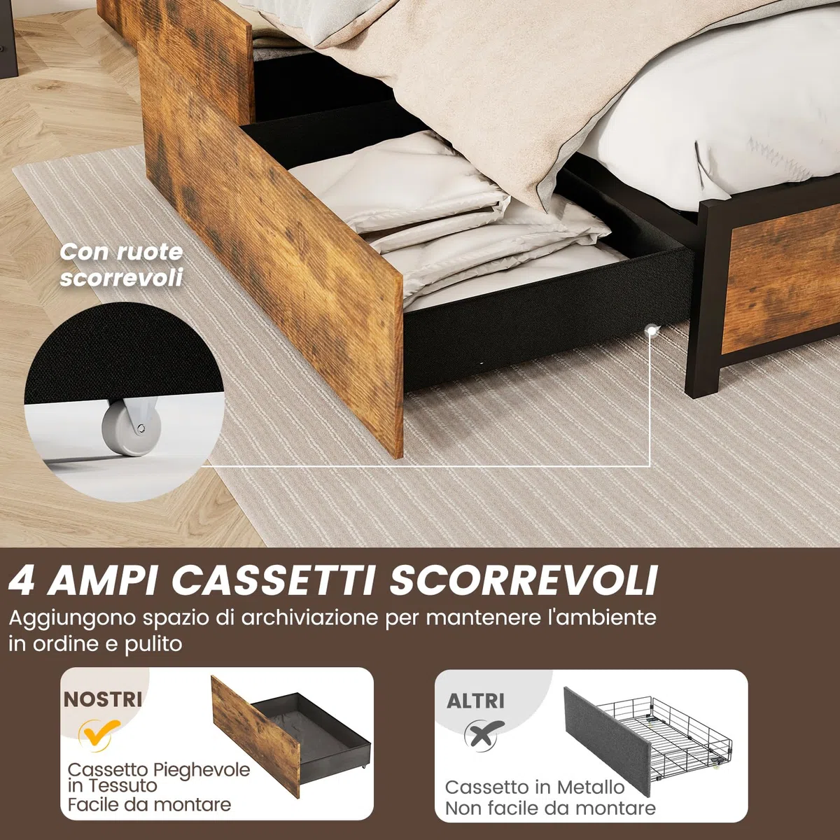 COSTWAY Letto Matrimoniale 160x200 cm, con 4 Cassetti e Testiera, Struttura Letto con Luci LED Regolabile e Presa Multipla, Carico Massimo 300kg, Silenzioso