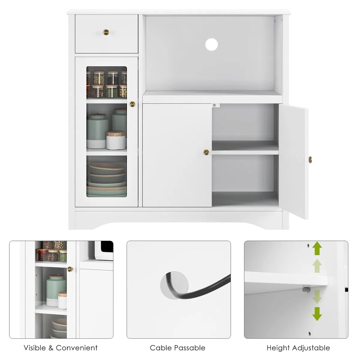 HOCSOK Credenza Microonde Cucina, Credenza Soggiorno Moderno, Armadietto da Terra con 3 Ante, adatto per Cucina, Soggiorno, Bianco, 90x40x82cm