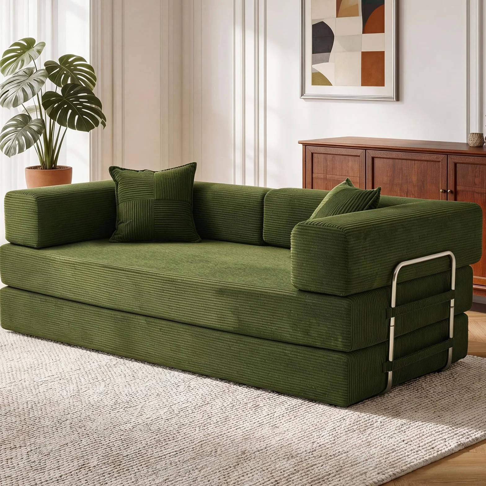 Vipbear Divano disossato, divano a 3 posti in velluto a coste 200 cm, letto pieghevole 5 in 1 convertibile con 2 cuscini in memory foam per camera da letto, verde | Cabrio