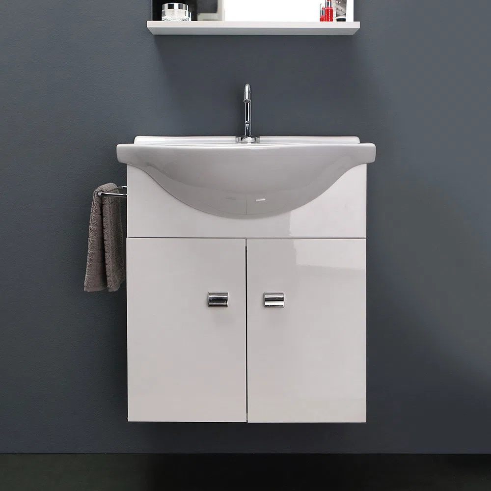 Kiamami Valentina - Mobile Bagno Sospeso 56 CM + Lavabo in Ceramica | Specchio a Filo Lucido incluso | Porta Asciugamani Cromato | Adatto a Spazi Ridotti, Bianco, Metallo