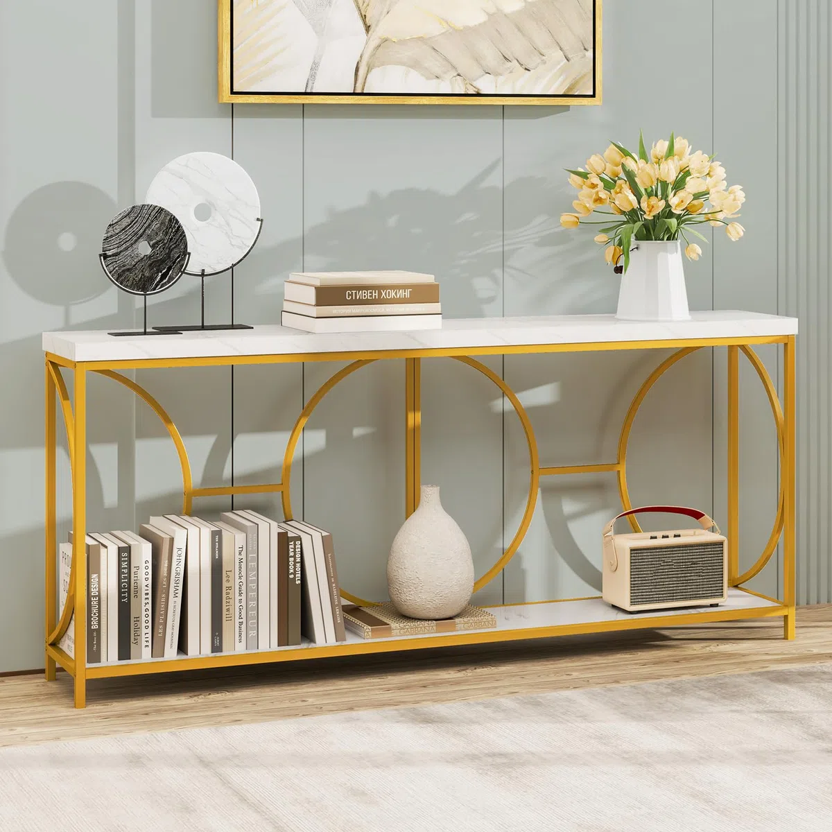 LIFEZEAL Consolle Ingresso Dorato, Lungo, 180x30x80cm, Tavolo Consolle a 2 Ripiani, con Effetto di Marmo, Moderno, Decorativo, Console Entrata, Corridoio, in Legno, Metallo, Max 50 kg, Oro e Bianco
