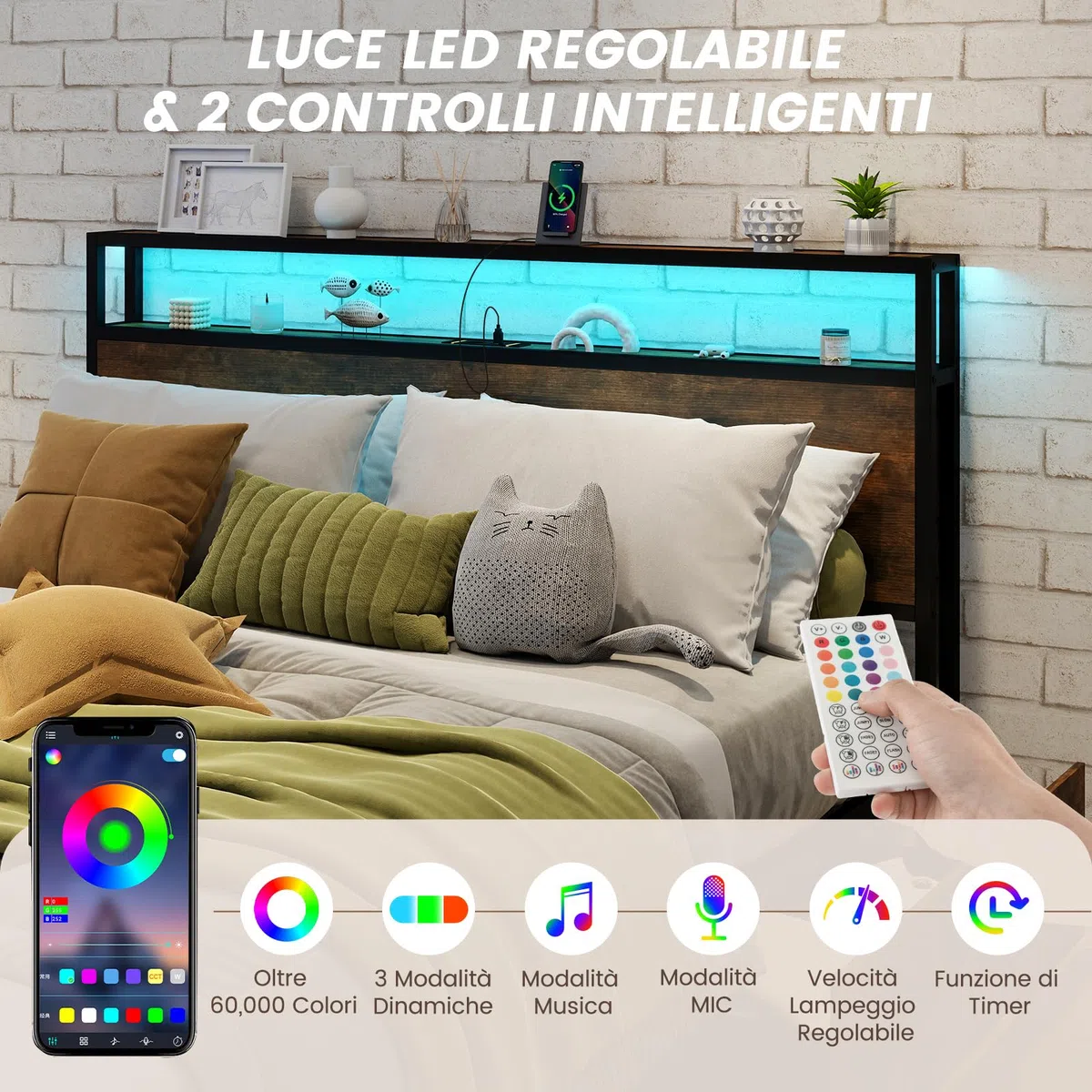 COSTWAY Letto Matrimoniale 160x200 cm, con 4 Cassetti e Testiera, Struttura Letto con Luci LED Regolabile e Presa Multipla, Carico Massimo 300kg, Silenzioso
