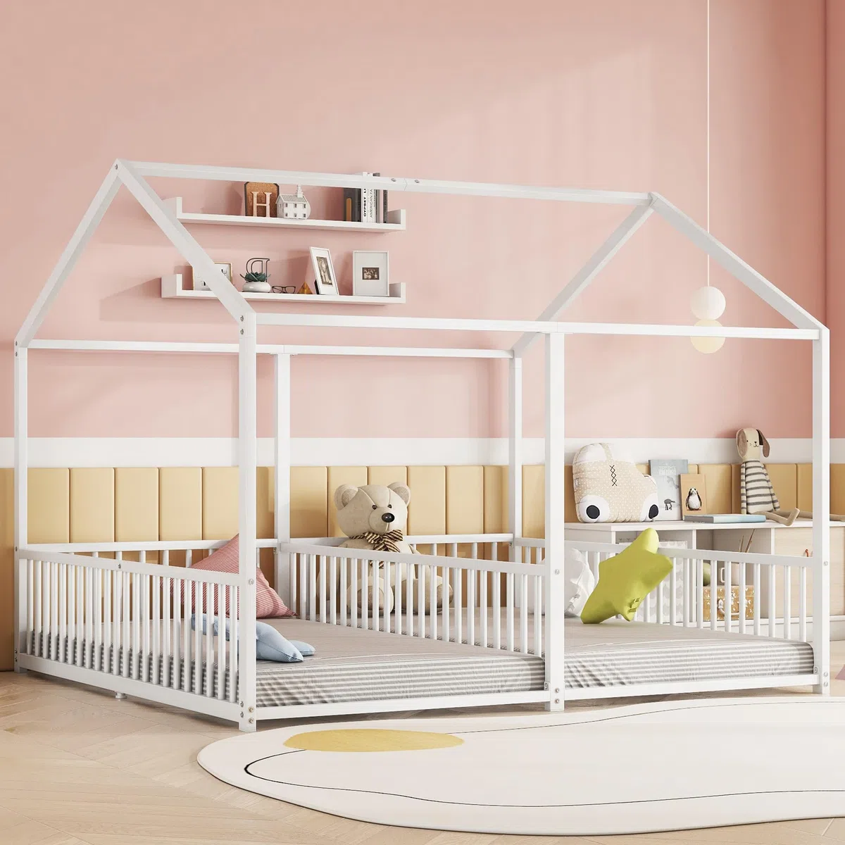 Letto per bambini 90 x 200 cm Due letti da 90 cm con protezione anticaduta, Letto a casa Letto a pavimento Letto gemellare con design a forma di casa, Letto per bambini Telaio in ferro