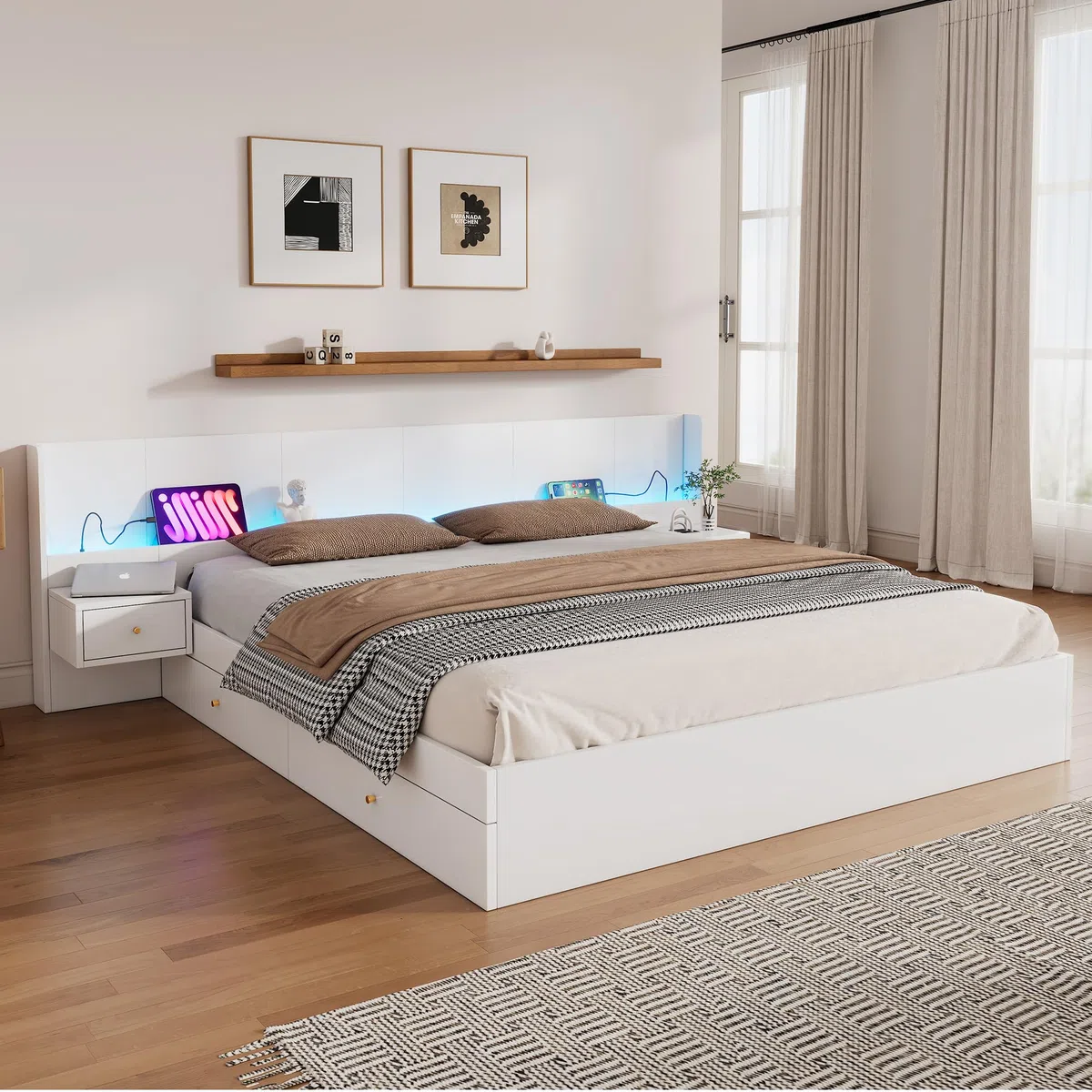 Letto 180x200 con contenitore, letto in legno con contenitore con 2 cassetti, testiera con comodino, LE/D e US/B, letto matrimoniale moderno con rete a doghe, bianco