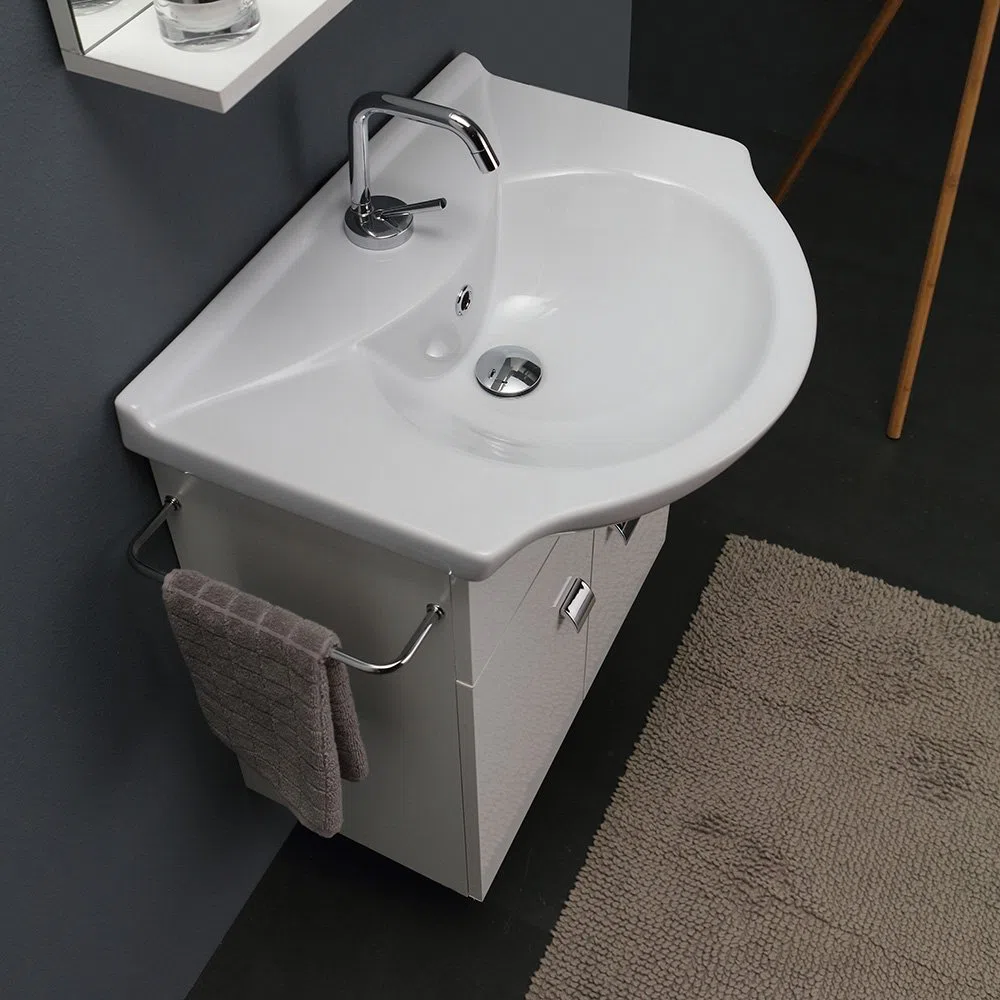 Kiamami Valentina - Mobile Bagno Sospeso 56 CM + Lavabo in Ceramica | Specchio a Filo Lucido incluso | Porta Asciugamani Cromato | Adatto a Spazi Ridotti, Bianco, Metallo
