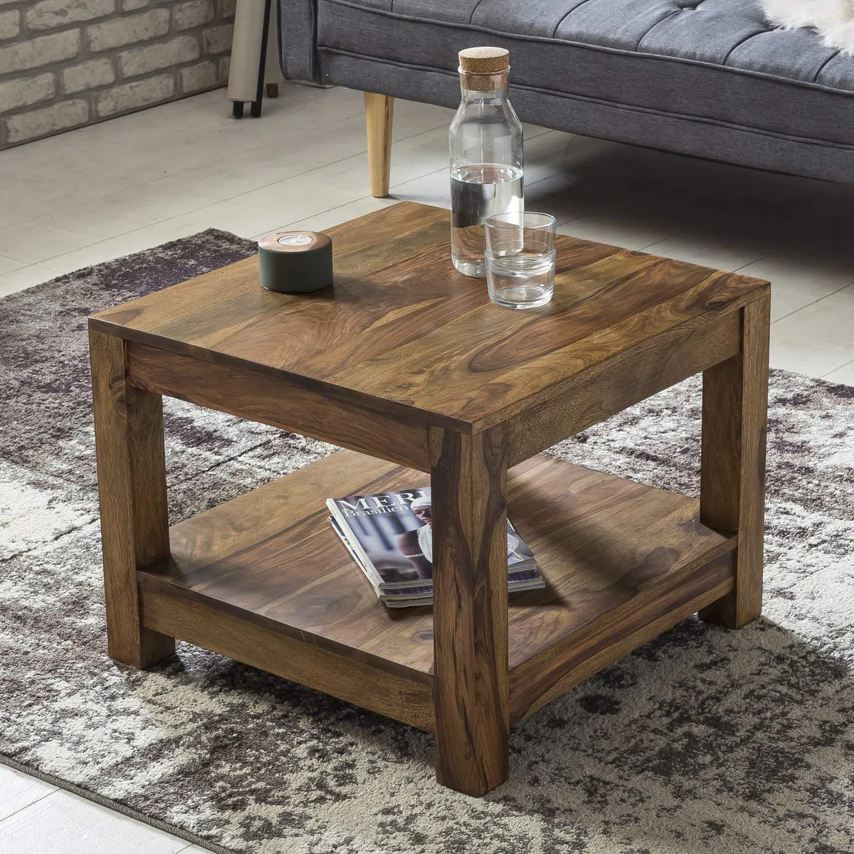 FineBuy Tavolino da caffè Legno Massello Sheesham 60x45x60 cm Disegno Tavolo | Tavolo da salotto con vano portaoggetti Piazza | Divano tavolo