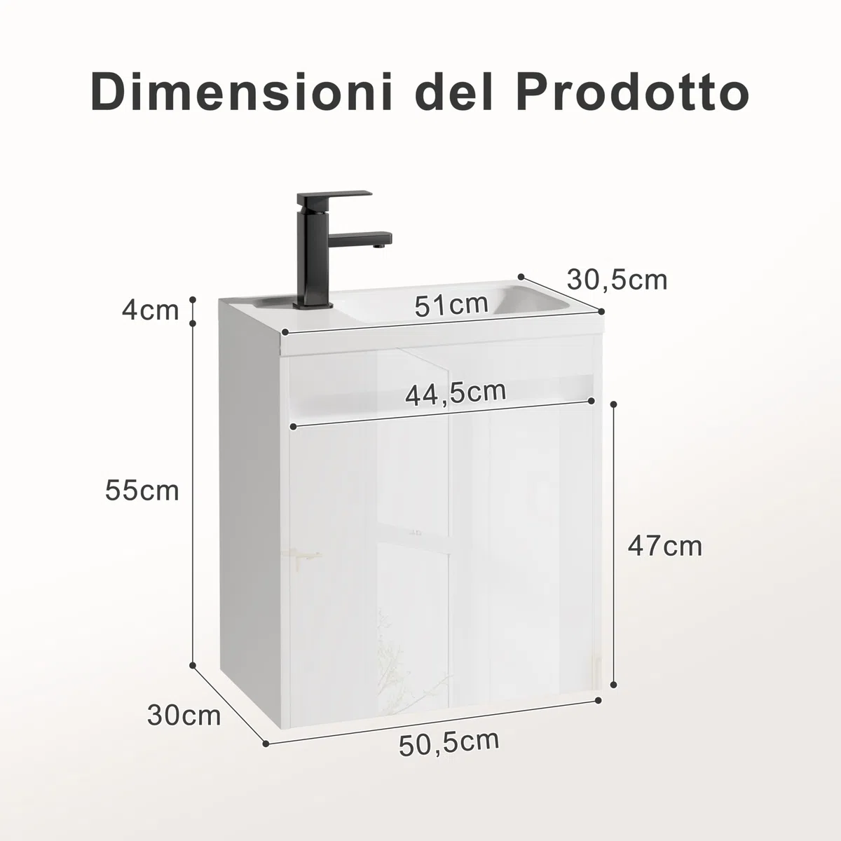 UEV Mobile da Bagno Sospeso 50 cm con Lavabo in Resina, 3-in-1 Set Arredo Bagno con Rubinetto Efficiente, Scarico POP-UP, Mobiletto con Ampio Spazio di Archiviazione