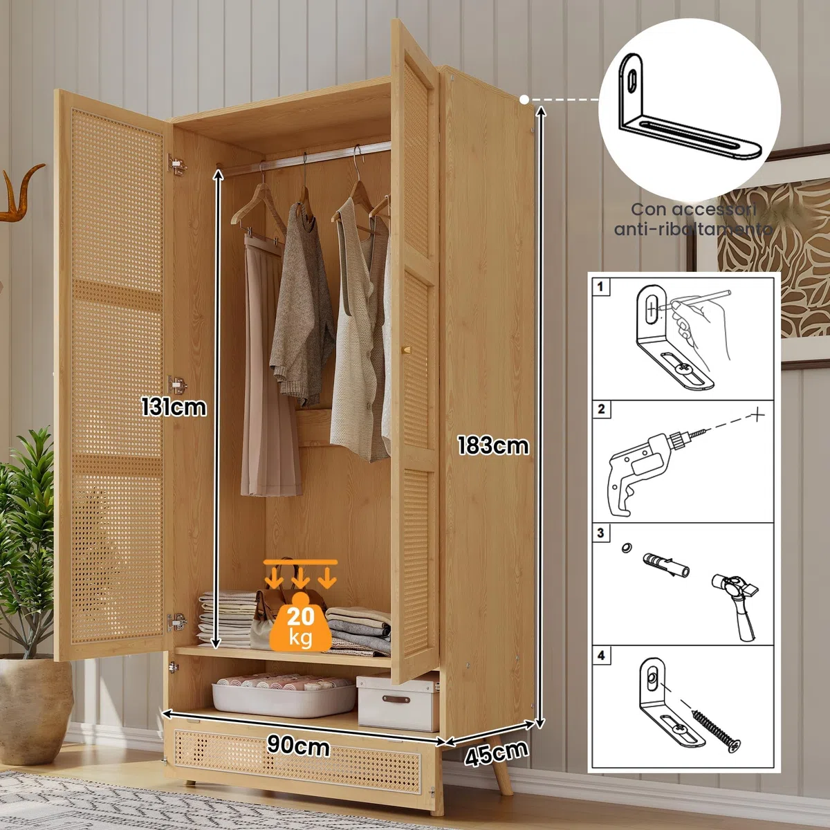 Armadio con asta, armadio a 2 ante, camera da letto, rete in rattan, soggiorno, con coperchio inferiore a ribalta, truciolato+rattan PE, naturale