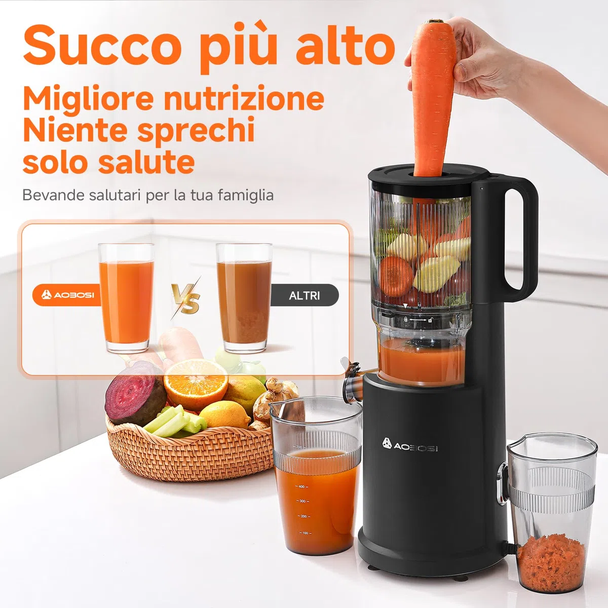 AOBOSI Estrattore frutta e verdura, 135MM XXL Grande Canale di Alimentazione per Frutta e Verdura Intere - Capacità 1,5L, 200 W Slow juicer, Triplo Filtro