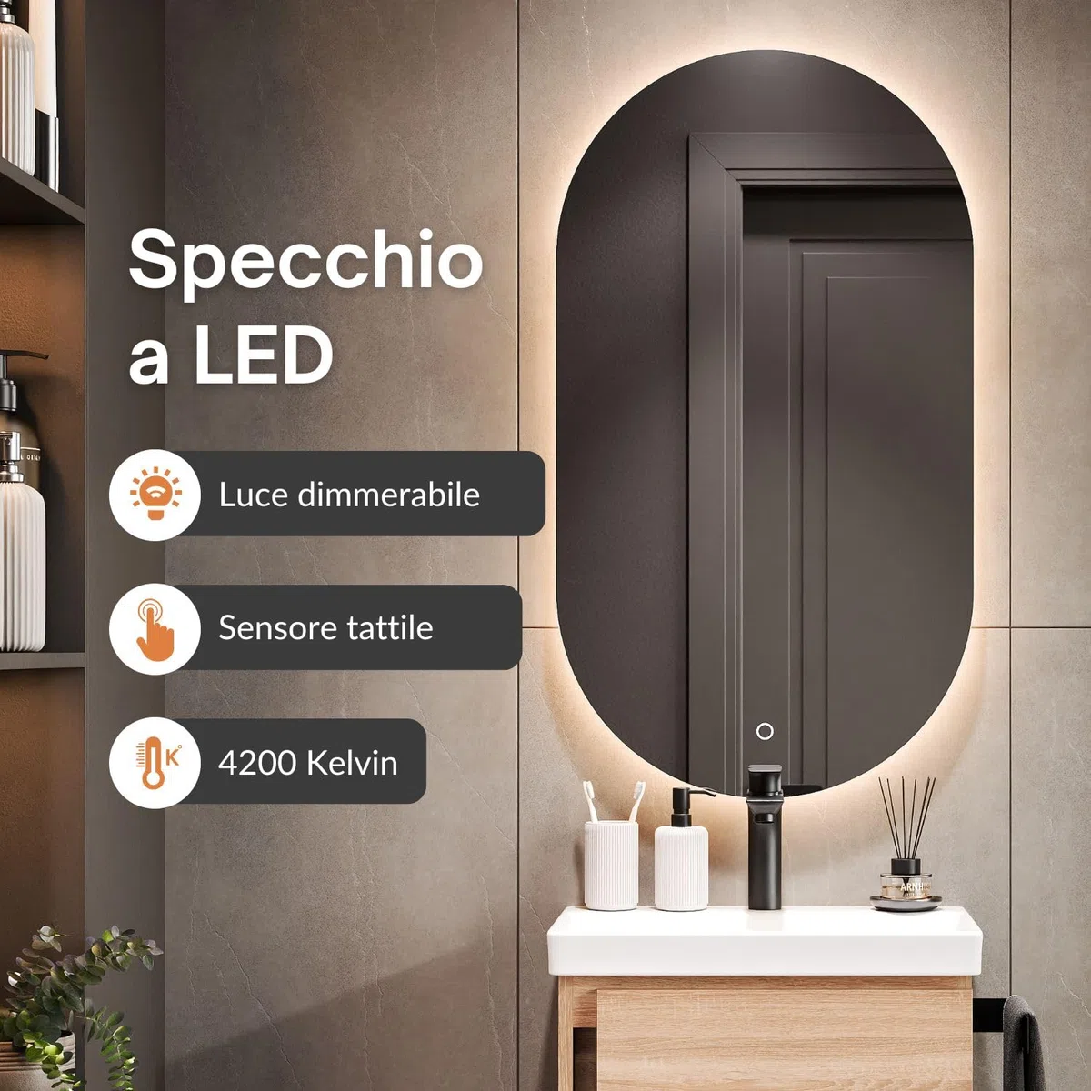 Planetmöbel Mobile sottolavabo 50 cm con specchio da bagno con illuminazione ovale, set di mobili da bagno con lavabo, sospeso, rovere Sonoma