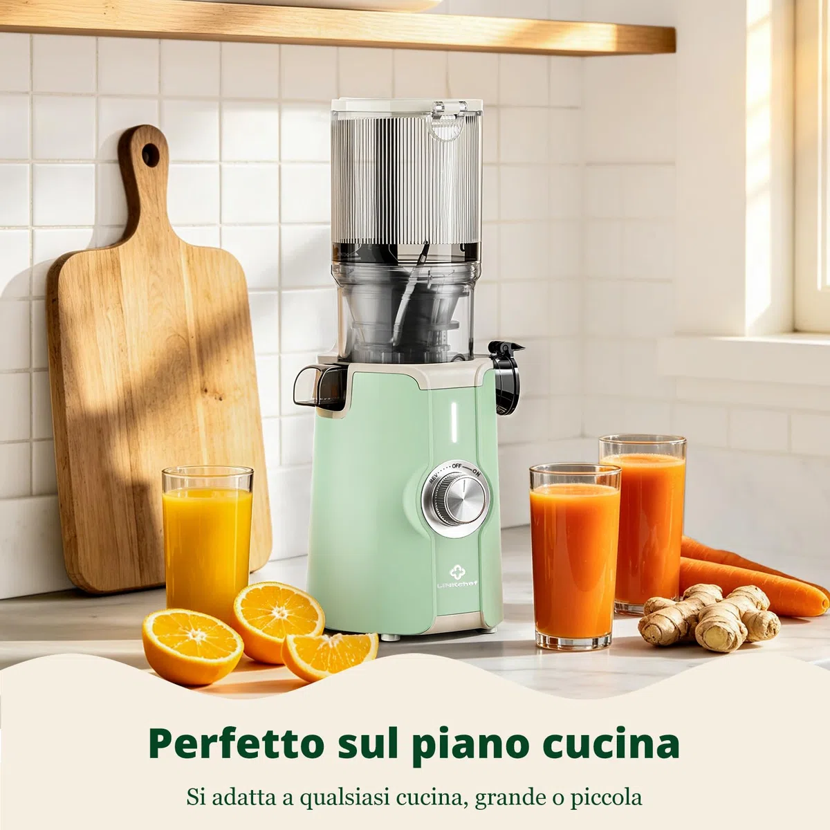 LINKChef Estrattore di succo per frutta e verdura, apertura 115 mm, 1,2 L, 200 W, slow juicer machine per frutta e verdura intere, senza BPA, facile da smontare e pulire, ricette incluse,verde chiaro