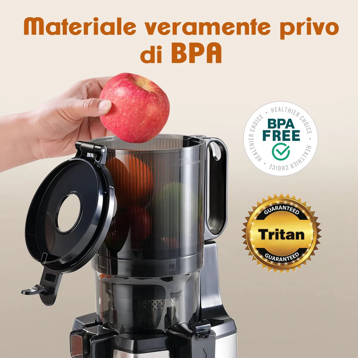 Fretta Estrattore di succo a masticazione lenta 250 W, tecnologia a pressione a freddo per succo ricco di sostanze nutritive, ampio scivolo 135 mm, facile da pulire, senza BPA (Verde)