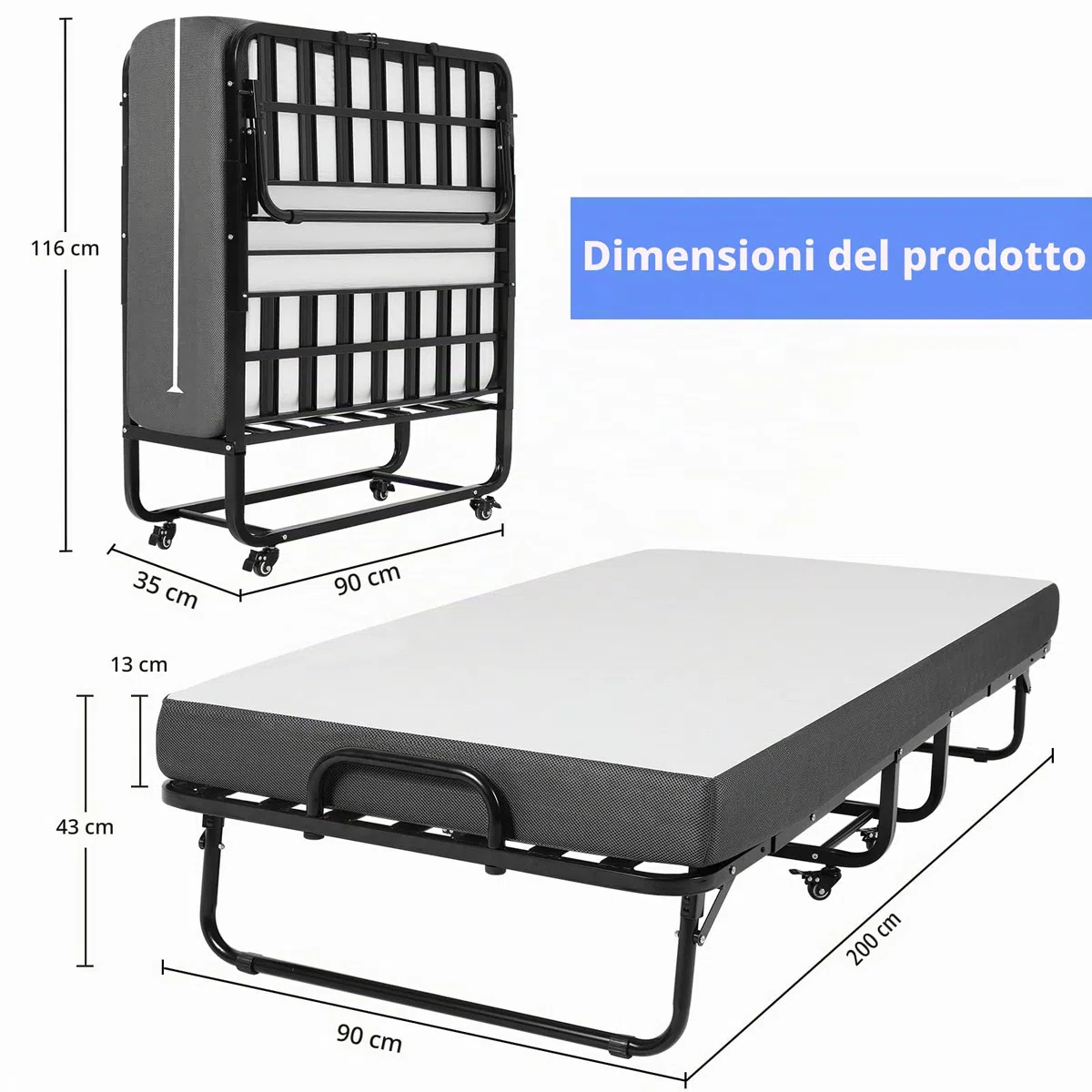 DICTAC Letto Pieghevole Singolo con Materasso 90x200 cm Brandine Letto Pieghevole per Adulti con 13 cm Materasso Memory Foam,Metallo letto richiudibile con Ruote,Fino a 200 kg,nero