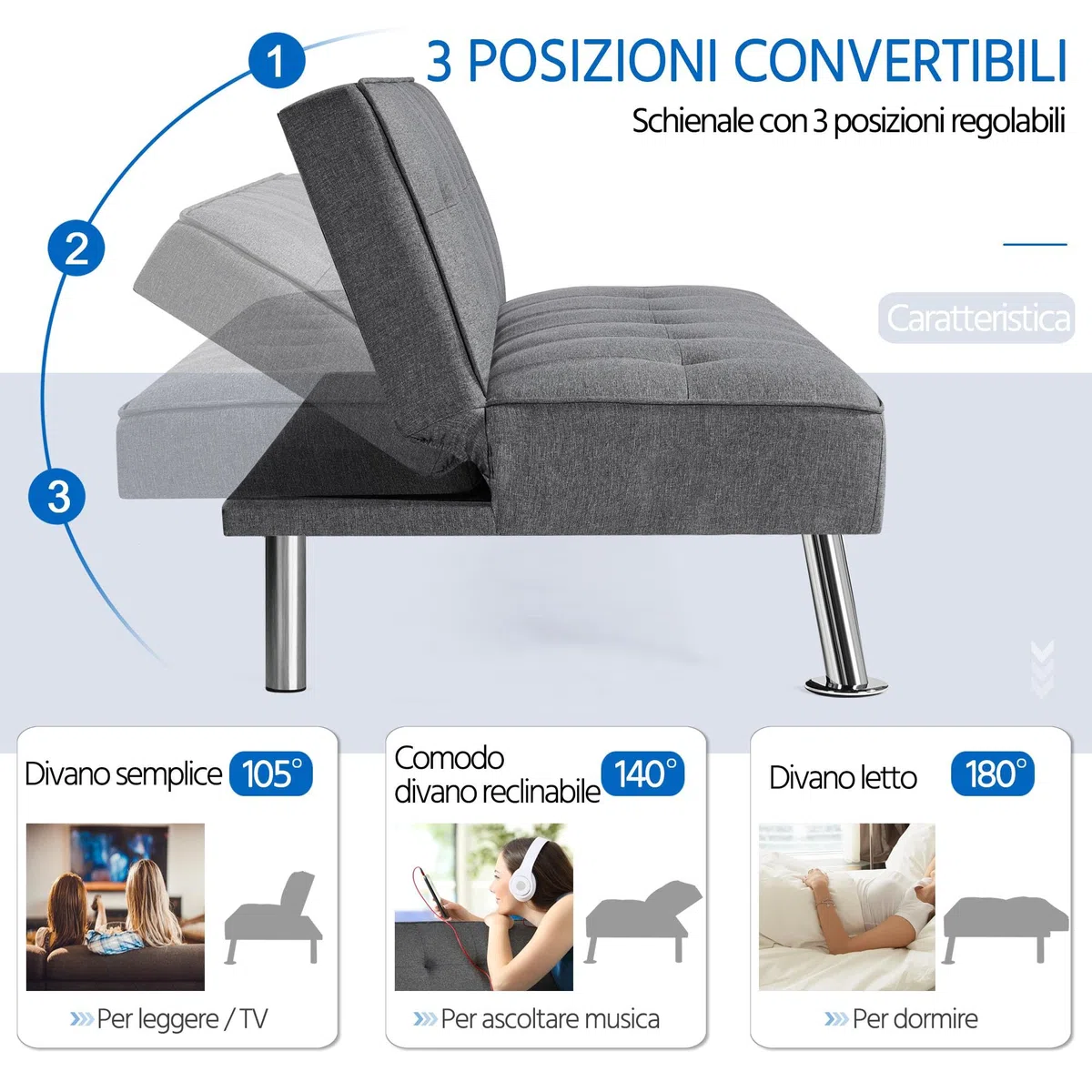 Yaheetech Divano Letto Divano Trasformabile in Letto Mobile Imbottito a 3 Posti Divanetto Reclinabile con Gambe in Metallo da Salotto Camera degli Ospiti Grigio Scuro