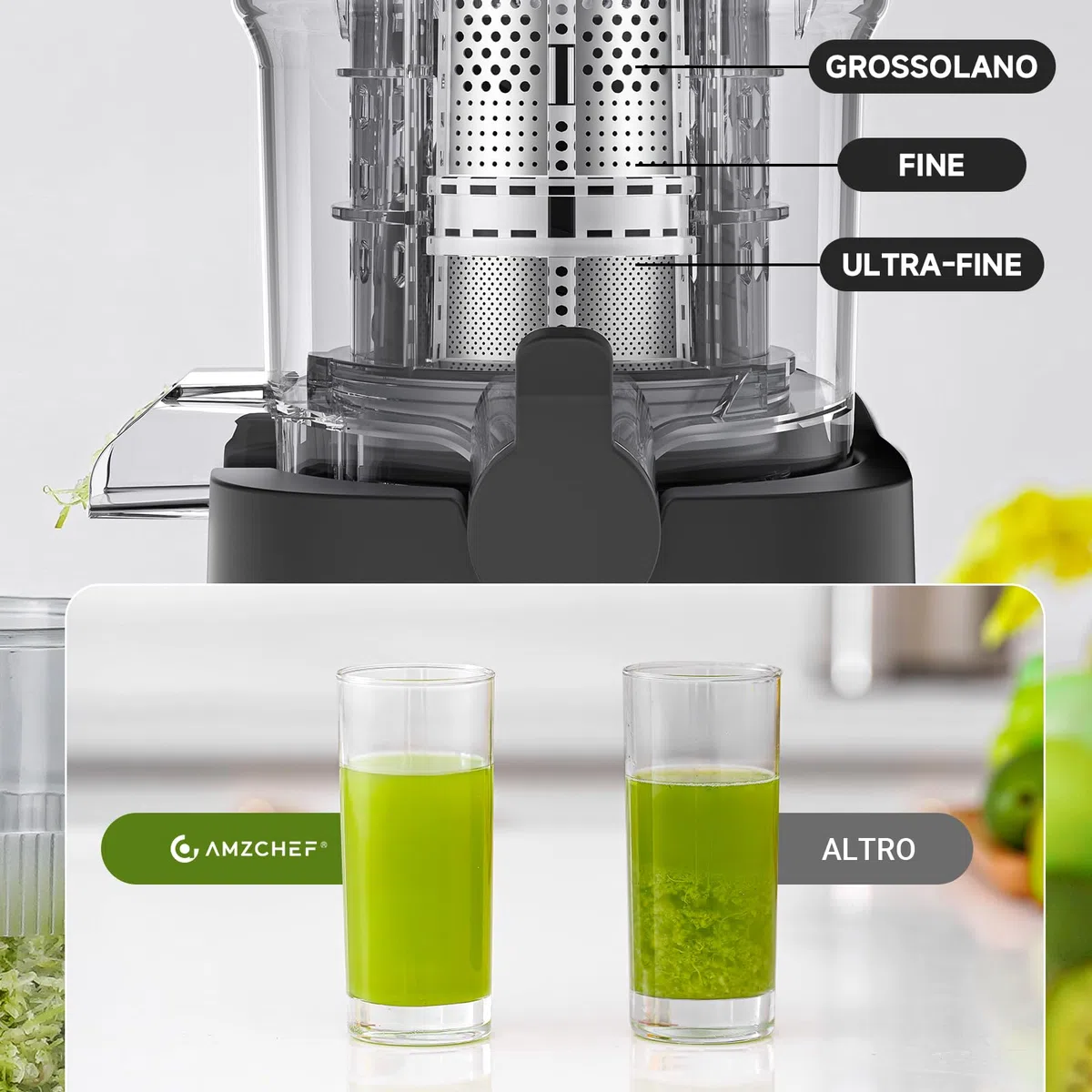 AMZCHEF Spremiagrumi – Slow Juicer con larghezza 135 mm e tubo di alimentazione più grande per verdure e frutta intere – Spremiagrumi facile da pulire con 2 bicchieri, argento