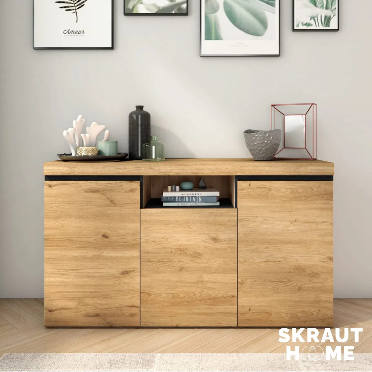 Skraut Home - Madia - Modello Naturale - 140 x 40 x 81 cm - Mobile Ingresso con 3 Ante - Stile Nordico - Melaminico - Rovere e Nero
