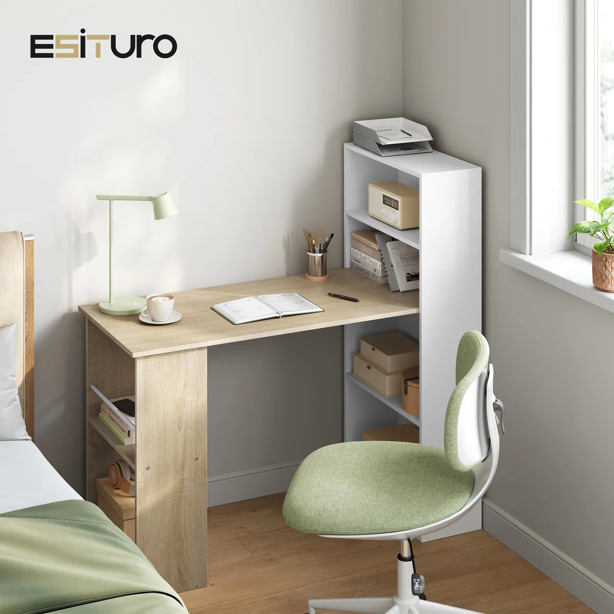 eSituro Scrivania Ufficio Compatta con Libreria Integrata - Design Salvaspazio per Studio/Camera, 120x55x122 cm, Bianco Lucido e Rovere Naturale